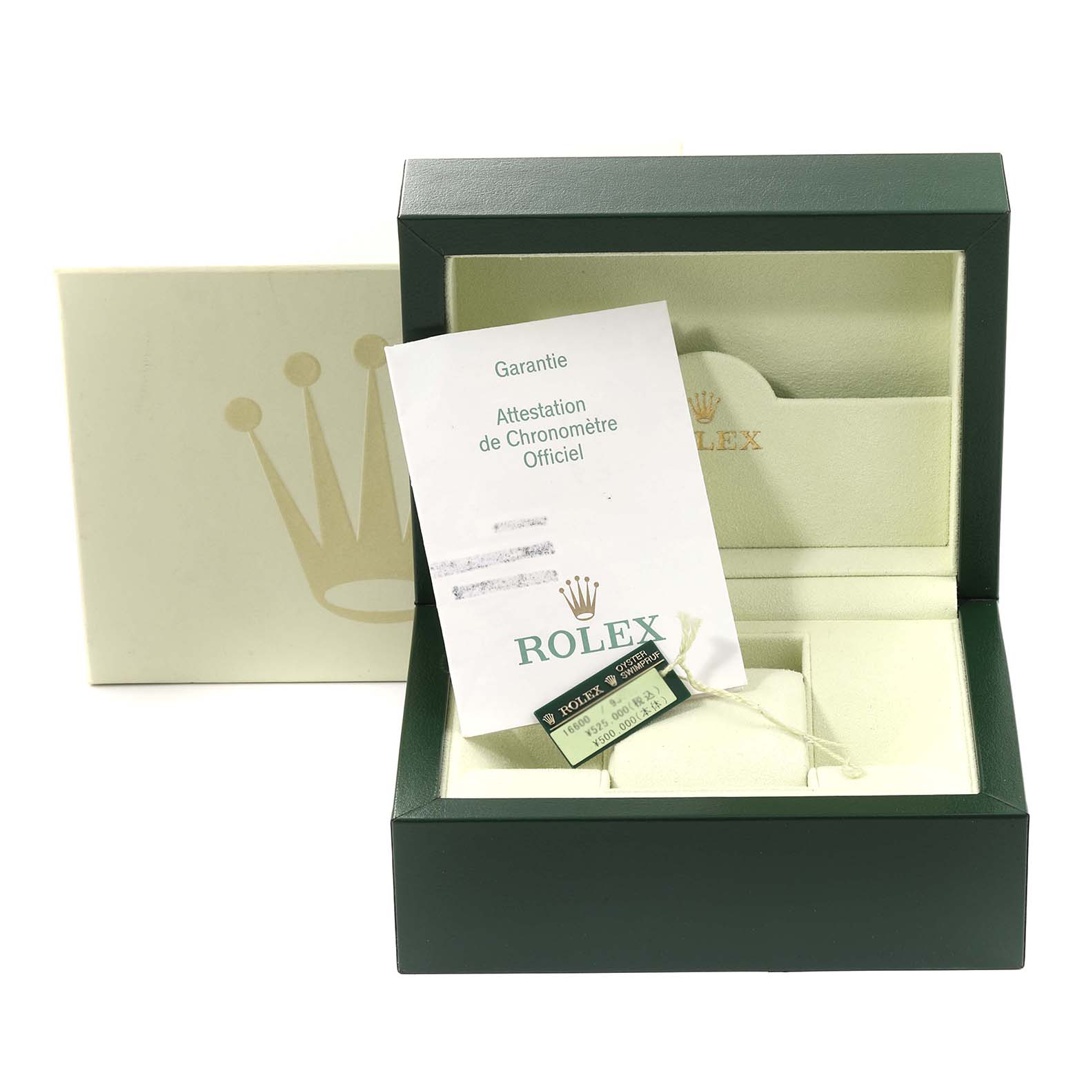 The image shows an open Rolex Sea-Dweller 16600 Men's Stainless Steel Black Dial 16600 Men's Stainless Steel Black Dial watch box with a warranty card and tags inside, viewed from the front.