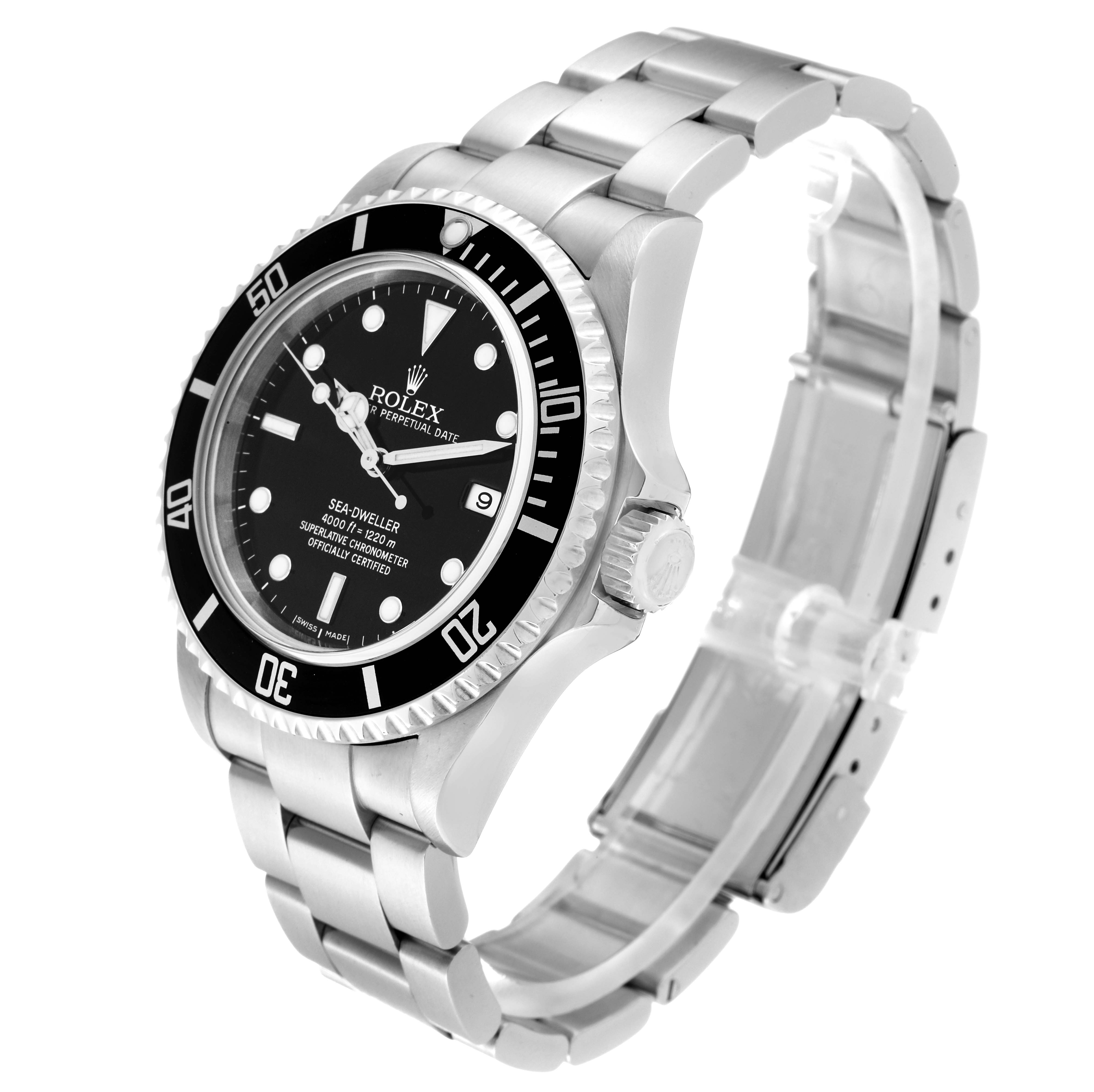 The image shows a Rolex Sea-Dweller 16600 Men's Stainless Steel Black Dial 16600 Men's Stainless Steel Black Dial watch from a three-quarter angle, highlighting the face, bezel, crown, and bracelet.