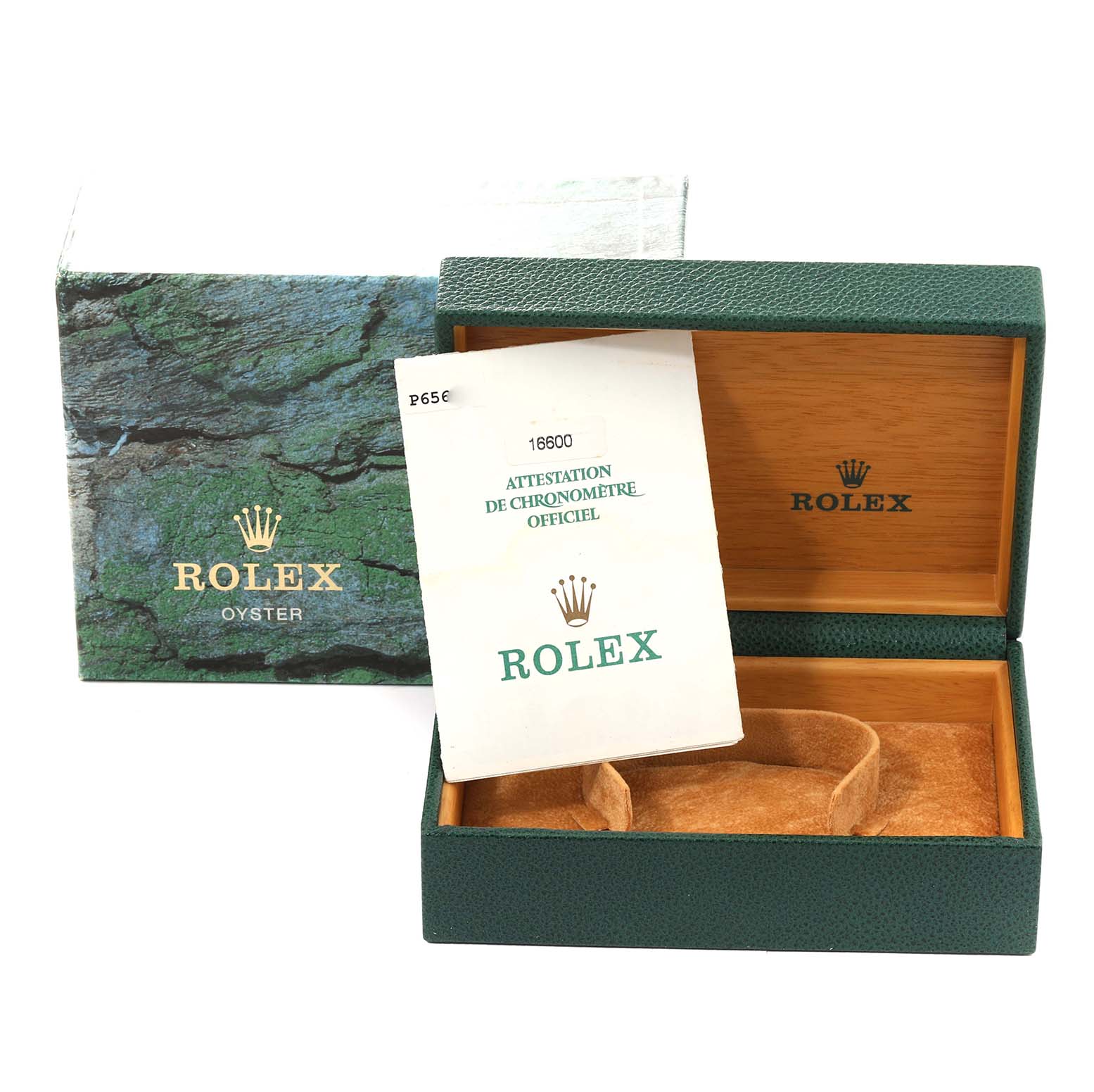 This image shows the packaging and official certification document for a Rolex Sea-Dweller 16600 Men
s Stainless Steel Black Dial 16600 Men
s Stainless Steel Black Dial watch, with an open green box and an outer box.