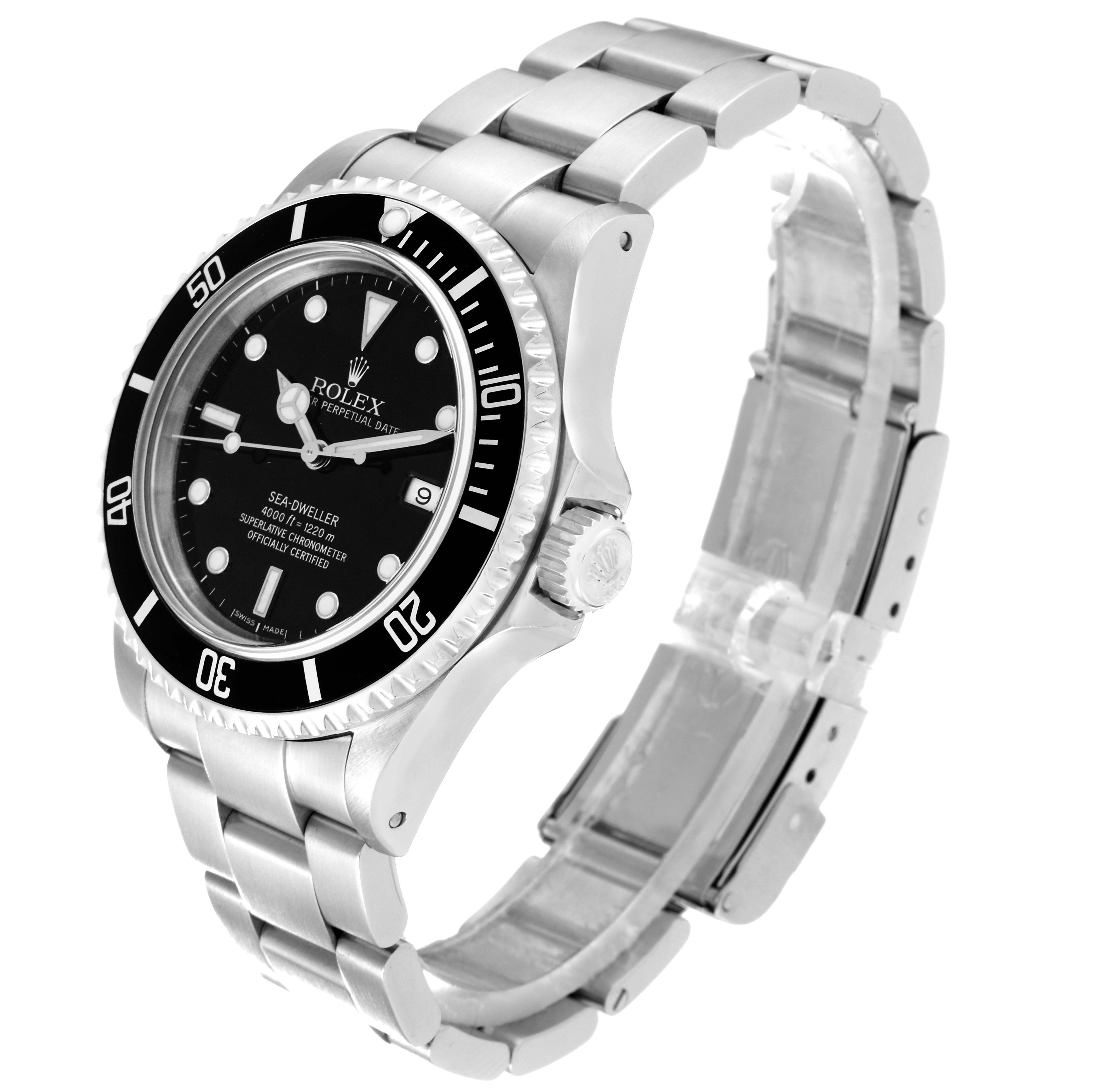 The Rolex Sea-Dweller 16600 Men
s Stainless Steel Black Dial 16600 Men
s Stainless Steel Black Dial watch is shown at a right angle, displaying the dial, bezel, crown, and stainless steel bracelet.
