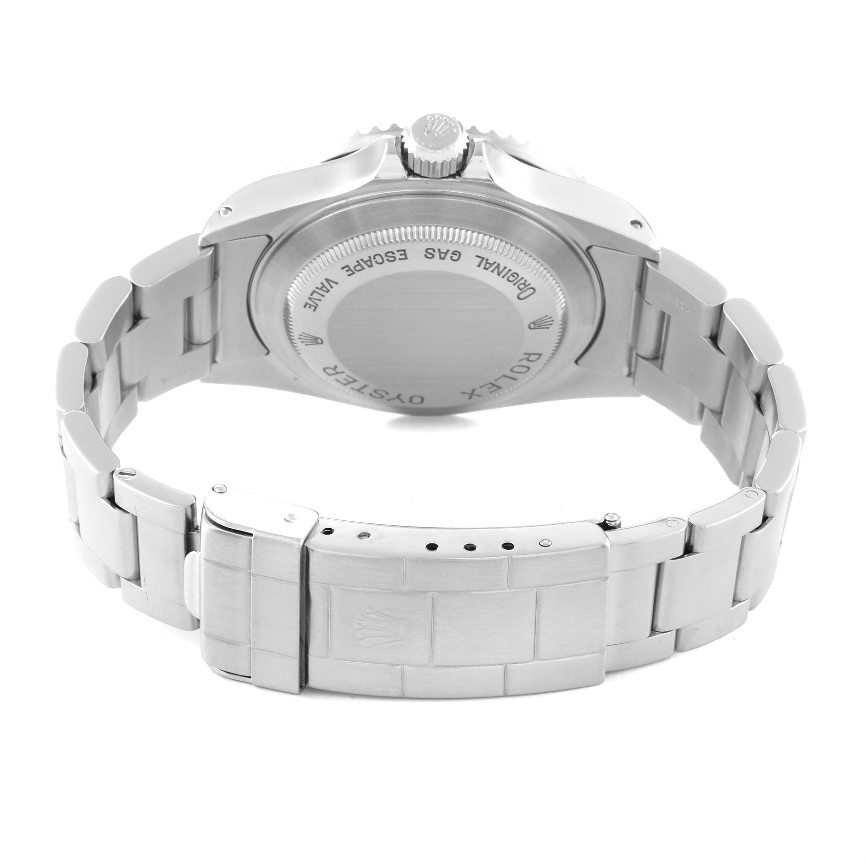 The image shows the back view of a Rolex Sea-Dweller 16600 Men
s Stainless Steel Black Dial 16600 Men
s Stainless Steel Black Dial wristwatch focusing on the case back and stainless steel bracelet clasp.