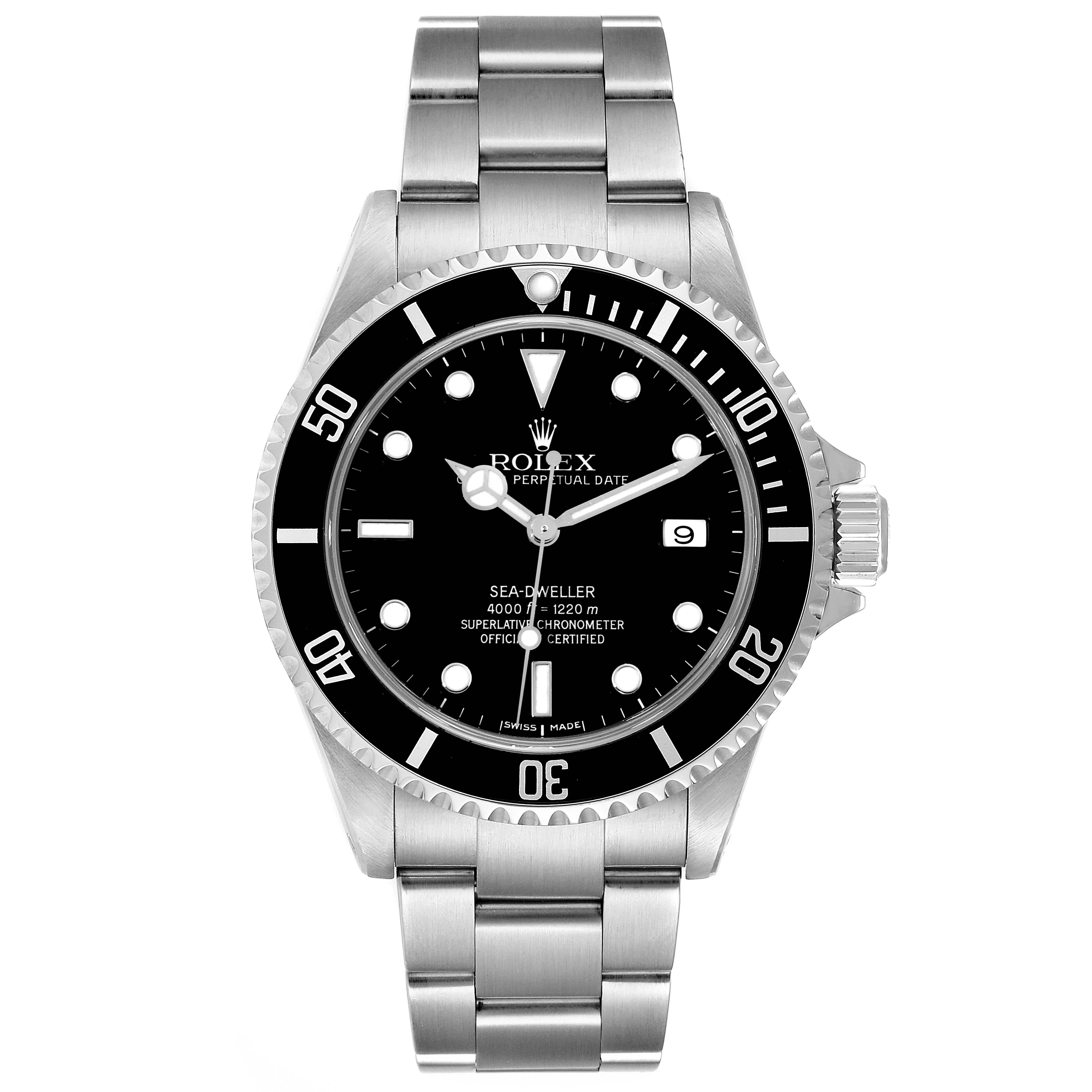 The image shows a full frontal view of the Rolex Sea-Dweller 16600 Men
s Stainless Steel Black Dial 16600 Men
s Stainless Steel Black Dial watch, displaying its face, bezel, and stainless steel bracelet.