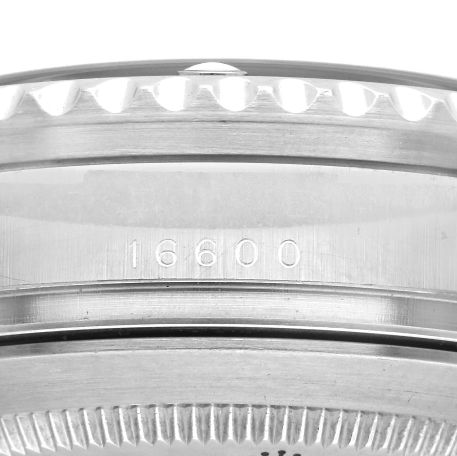 This image showcases a close-up of the model number "16600" engraved on the case side of a Rolex Sea-Dweller 16600 Men
s Stainless Steel Black Dial 16600 Men
s Stainless Steel Black Dial watch.