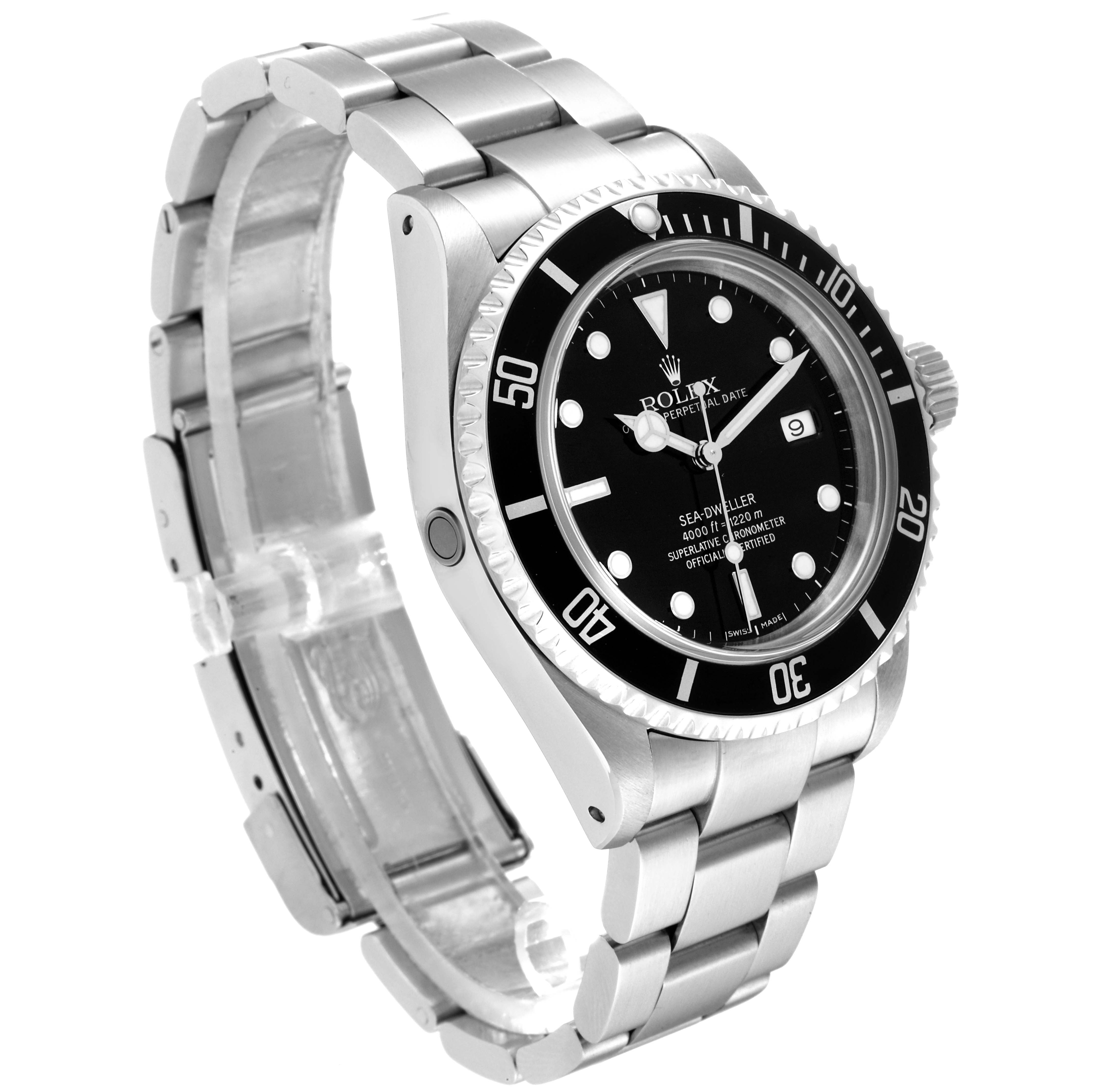 The image shows a side angle of the Rolex Sea-Dweller 16600 Men
s Stainless Steel Black Dial 16600 Men
s Stainless Steel Black Dial watch, highlighting the bezel, dial, and stainless steel bracelet.