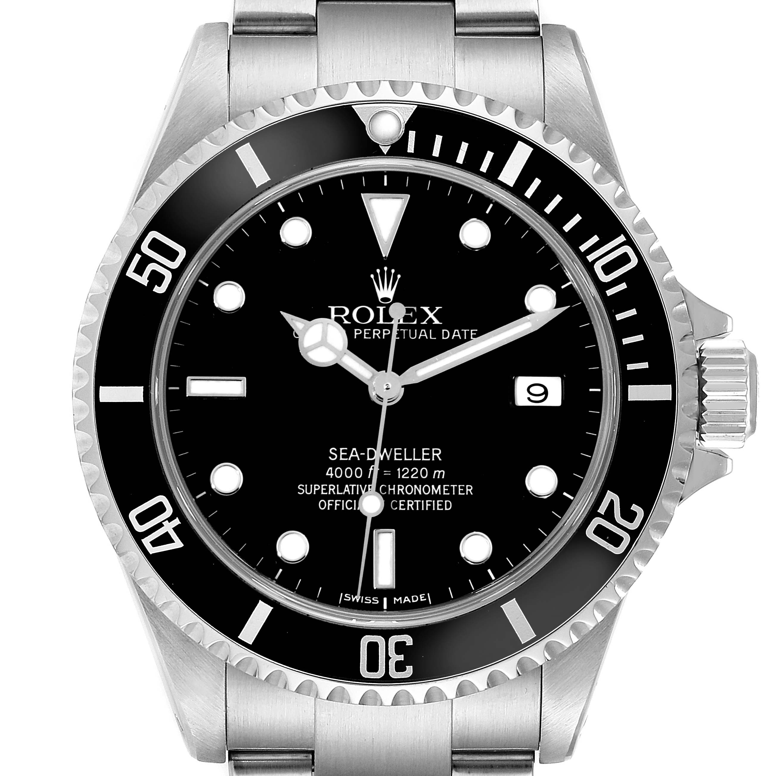 The image shows a front view of the Rolex Sea-Dweller 16600 Men
s Stainless Steel Black Dial 16600 Men
s Stainless Steel Black Dial watch, highlighting the dial, bezel, and part of the bracelet.