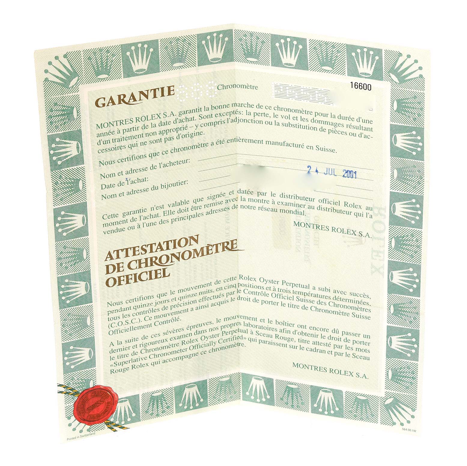 This image shows a folded warranty certificate and chronometer certification for the Rolex Sea-Dweller 16600 Men
s Stainless Steel Black Dial 16600 Men
s Stainless Steel Black Dial model.