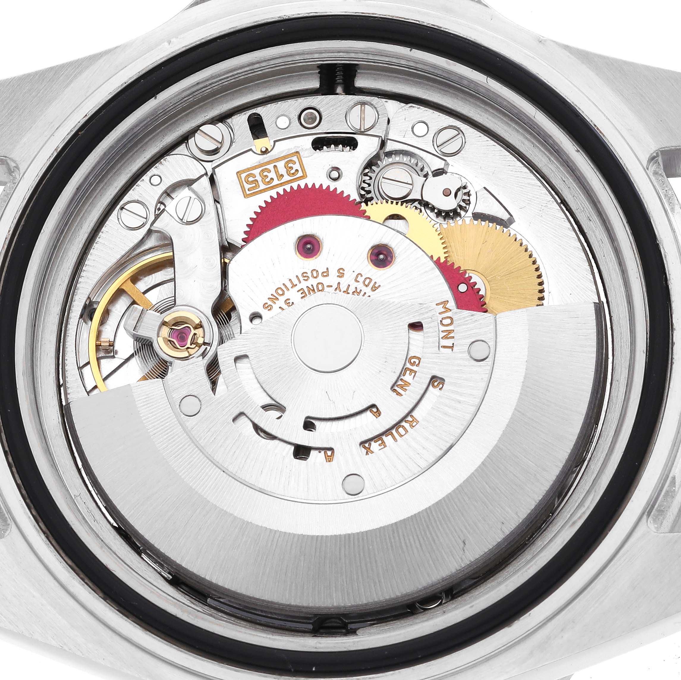 This image shows the movement mechanism of a Rolex Sea-Dweller 16600 Men
s Stainless Steel Black Dial 16600 Men
s Stainless Steel Black Dial watch from a rear angle.