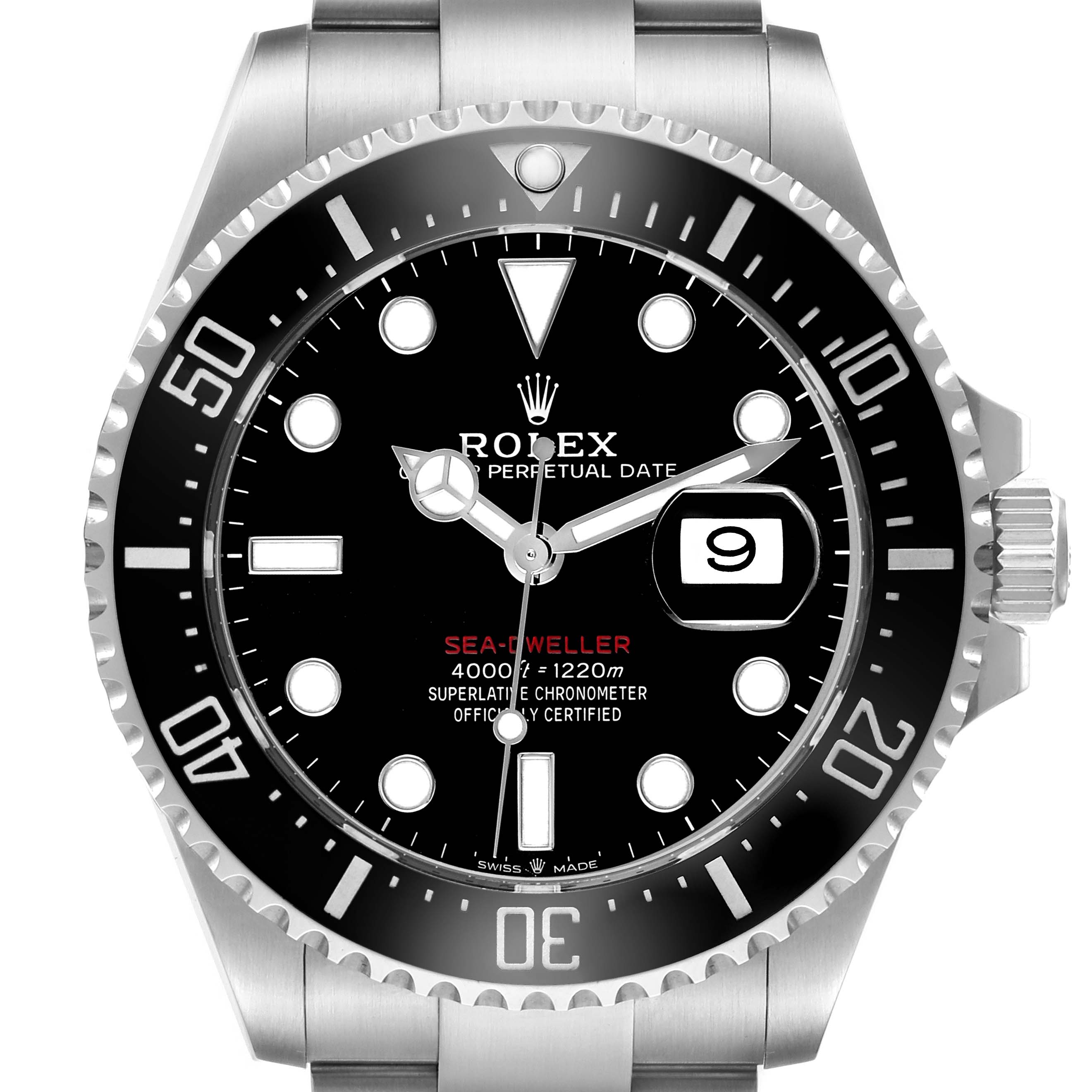 The Rolex Sea-Dweller 126600 Men's Stainless Steel Black Dial watch is shown from a front angle, highlighting the dial, bezel, and part of the bracelet.
