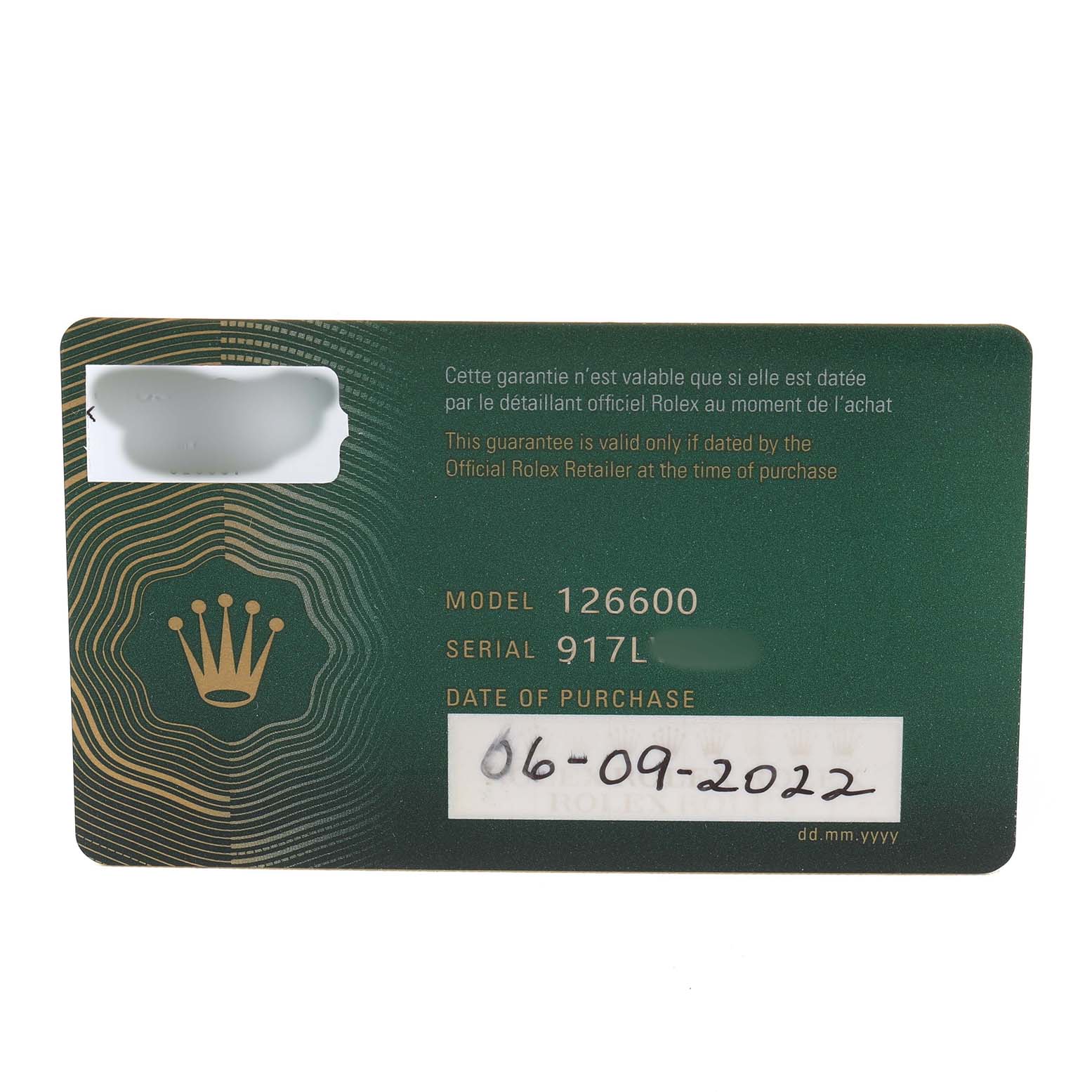 The image shows a warranty card for a Rolex Sea-Dweller 126600 Men's Stainless Steel Black Dial, Model 126600, displaying model, serial, and purchase date.