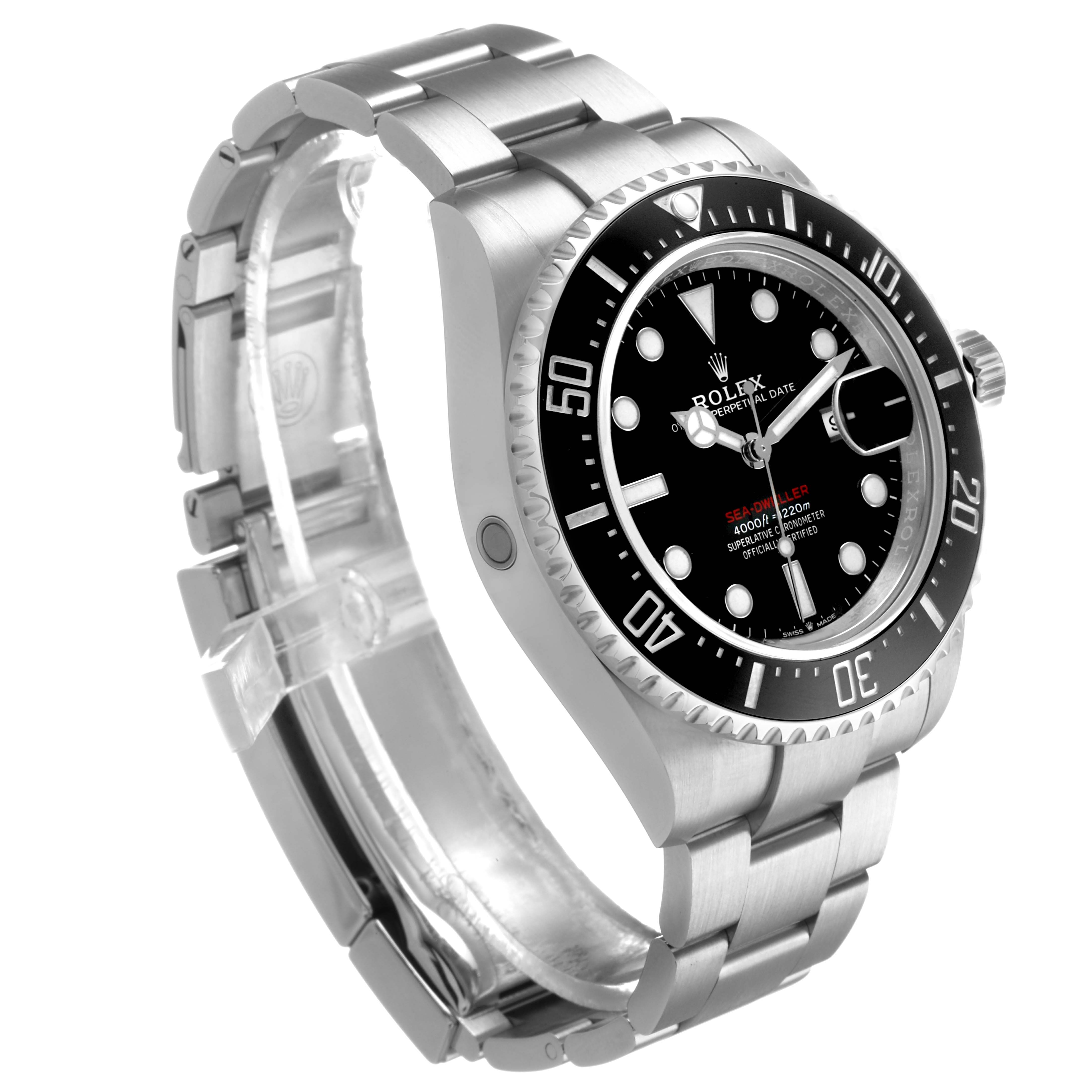The Rolex Sea-Dweller 126600 Men's Stainless Steel Black Dial watch is shown at an angled side view, displaying its bracelet, bezel, and face.