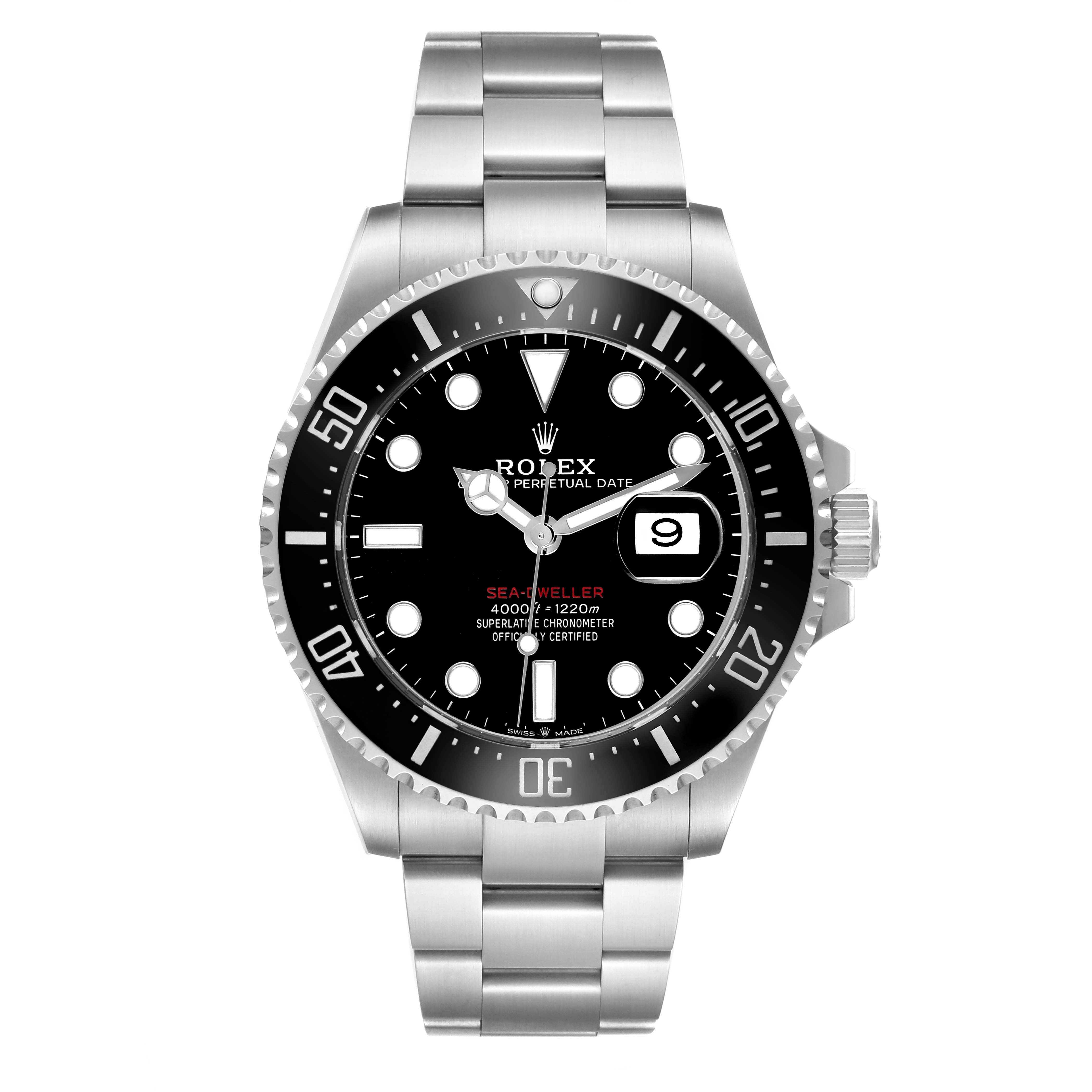 The Rolex Sea-Dweller 126600 Men's Stainless Steel Black Dial watch is shown from the front, featuring the dial, bezel, bracelet, and crown.
