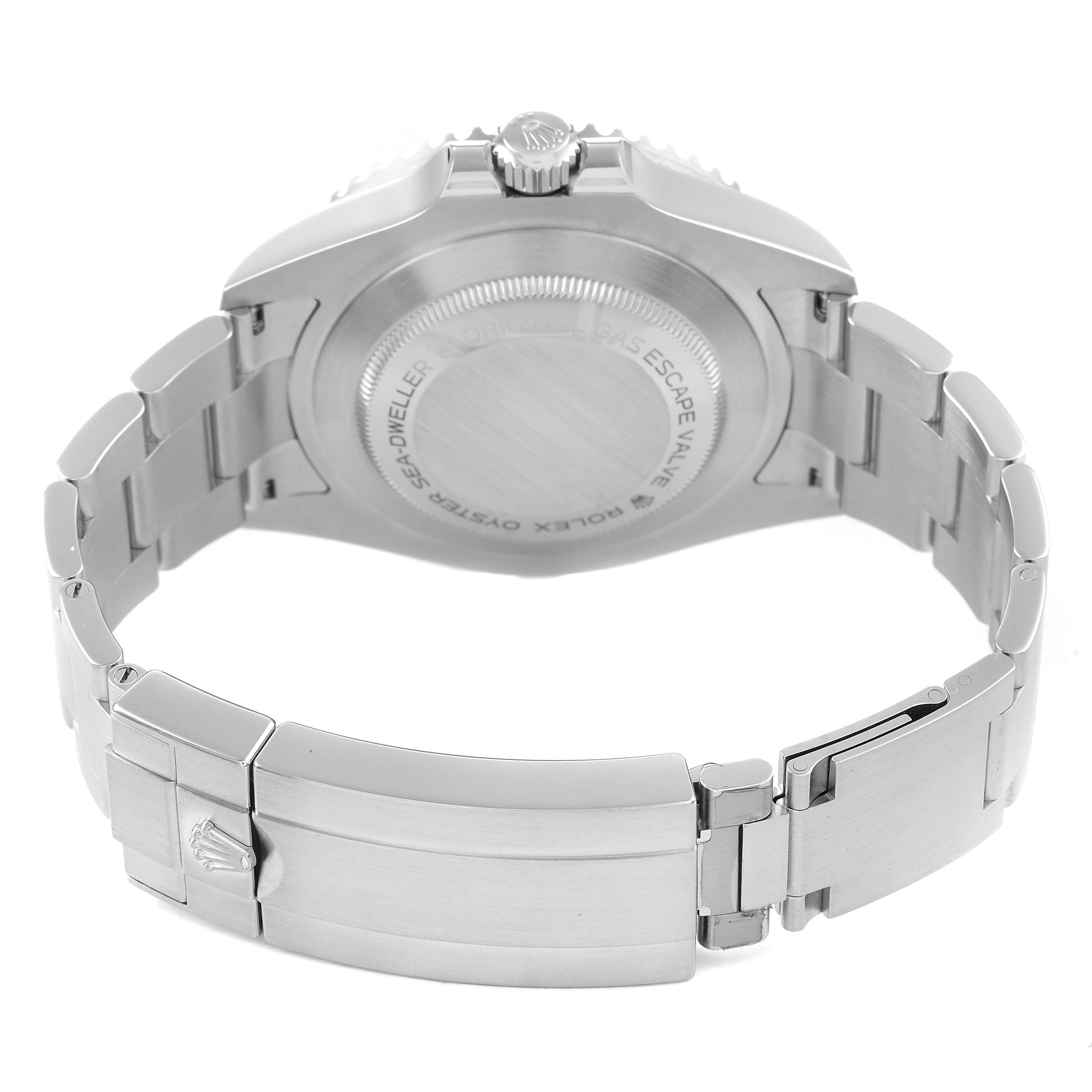 The image shows the back case and bracelet clasp of a Rolex Sea-Dweller 126600 Men's Stainless Steel Black Dial watch from a rear angle.