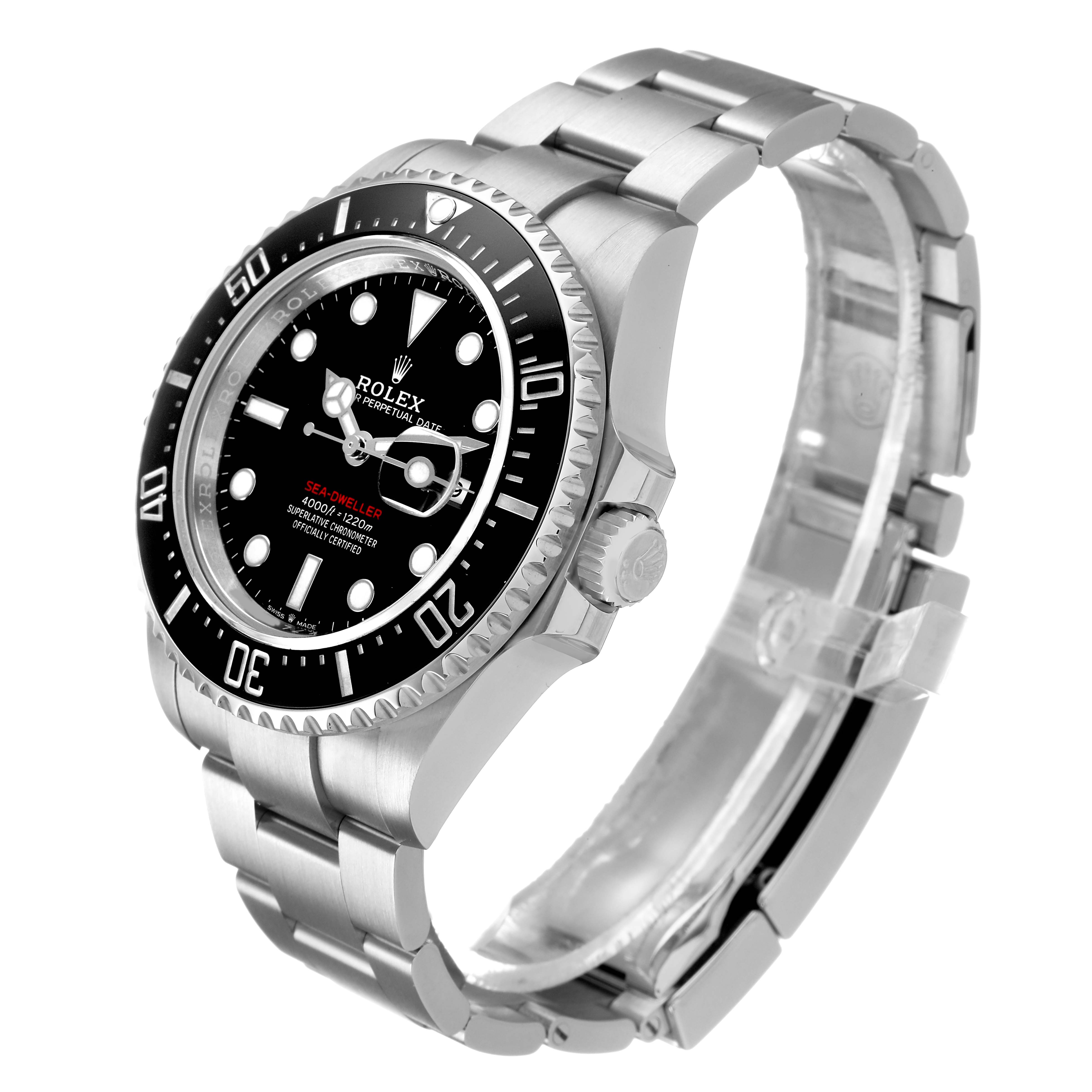 The Rolex Sea-Dweller 126600 Men's Stainless Steel Black Dial watch is shown at a three-quarter angle highlighting the dial, bezel, case, and bracelet.