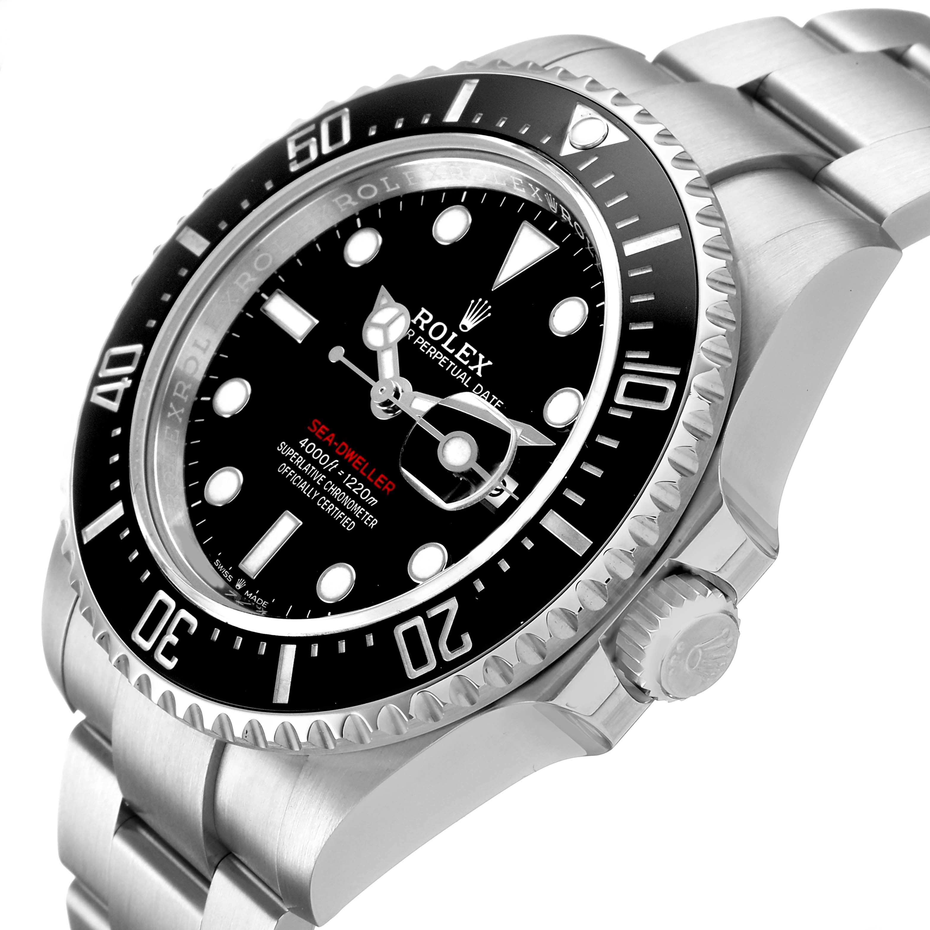 The Rolex Sea-Dweller 126600 Men's Stainless Steel Black Dial is shown at an angle displaying its bezel, dial, crown, and part of the bracelet.