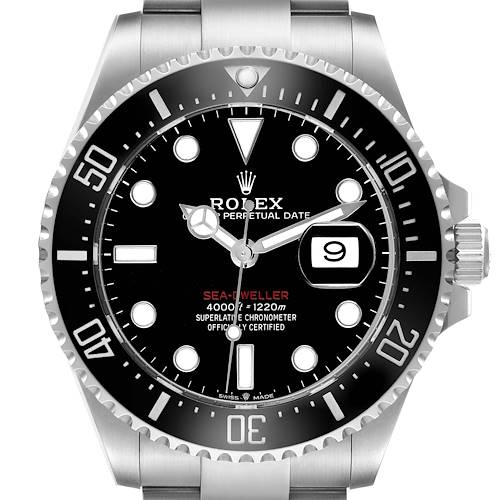 The image shows a front view of the Rolex Sea-Dweller 126600 Men's Stainless Steel Black Dial watch, highlighting the bezel, dial, and date window.