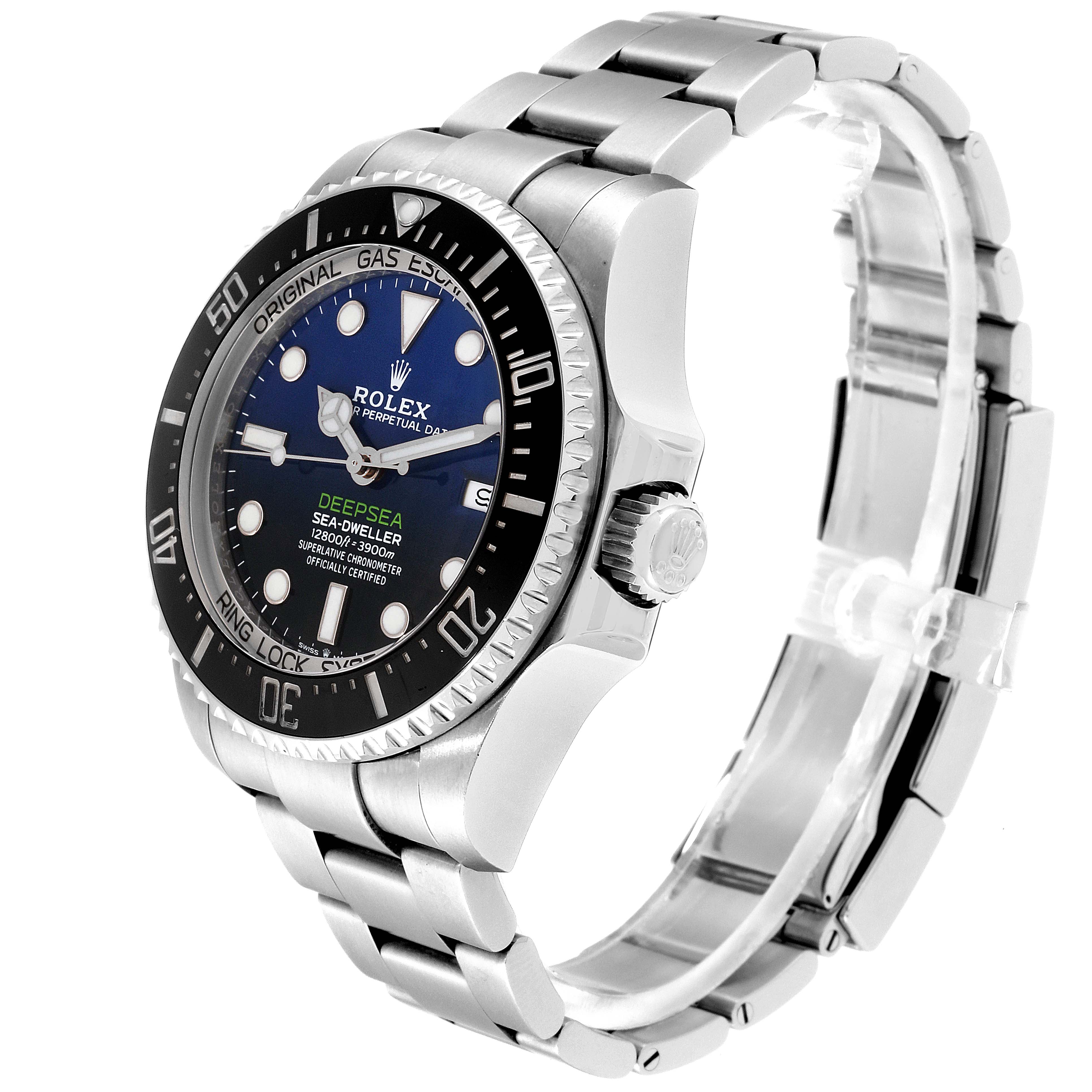 The image shows a Rolex Sea-Dweller 126660 Men
s Stainless Steel Blue Dial 126660 Men
s Stainless Steel Blue Dial watch from an angled side view, displaying the face, bezel, crown, and part of the bracelet.