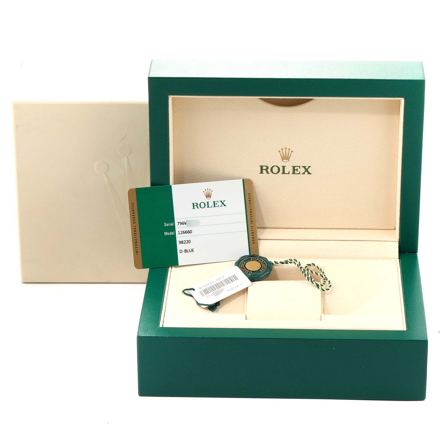 This image shows the open packaging, warranty card, and tag for a Rolex Sea-Dweller 126660 Men
s Stainless Steel Blue Dial 126660 Men
s Stainless Steel Blue Dial watch.