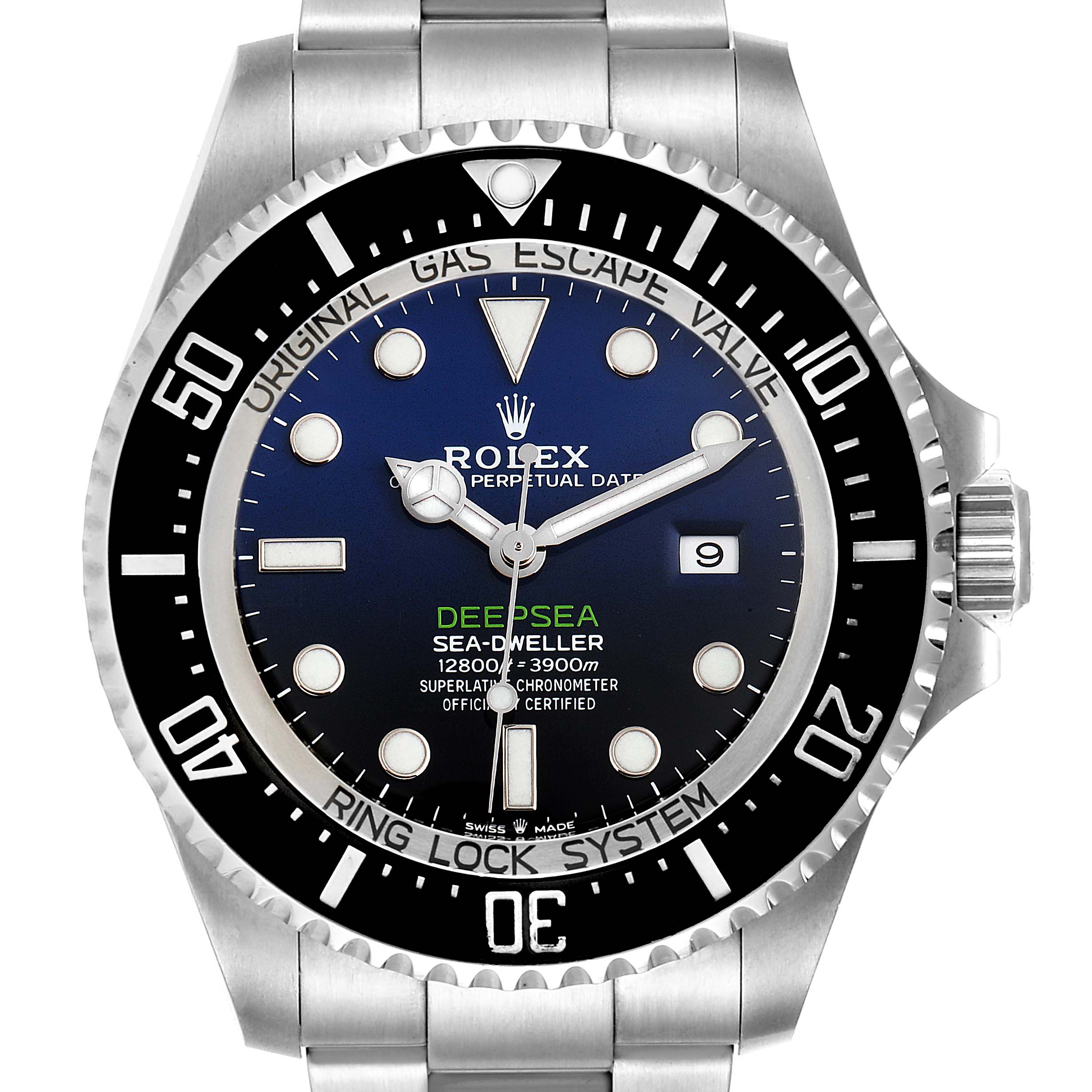 The Rolex Sea-Dweller 126660 Men
s Stainless Steel Blue Dial 126660 Men
s Stainless Steel Blue Dial watch is displayed from a frontal angle, showing its dial, bezel, and part of its bracelet.