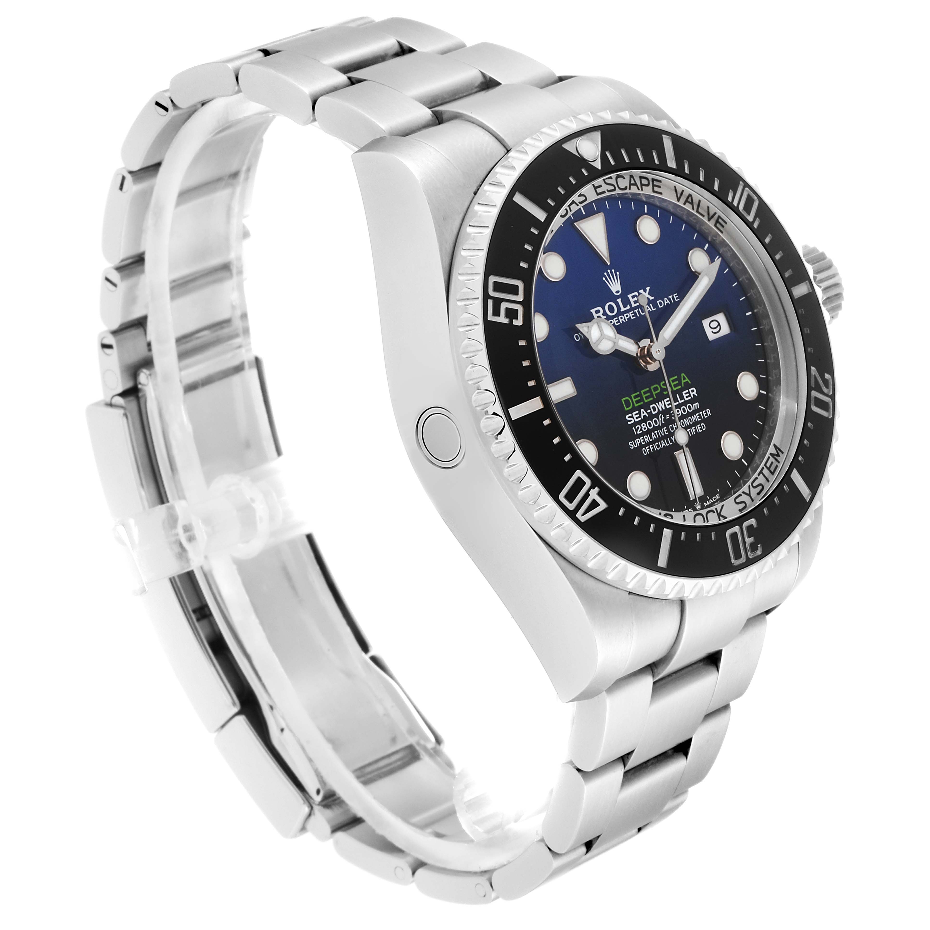 This Rolex Sea-Dweller 126660 Men
s Stainless Steel Blue Dial 126660 Men
s Stainless Steel Blue Dial watch is shown from a side angle, highlighting the face, bezel, and steel bracelet.