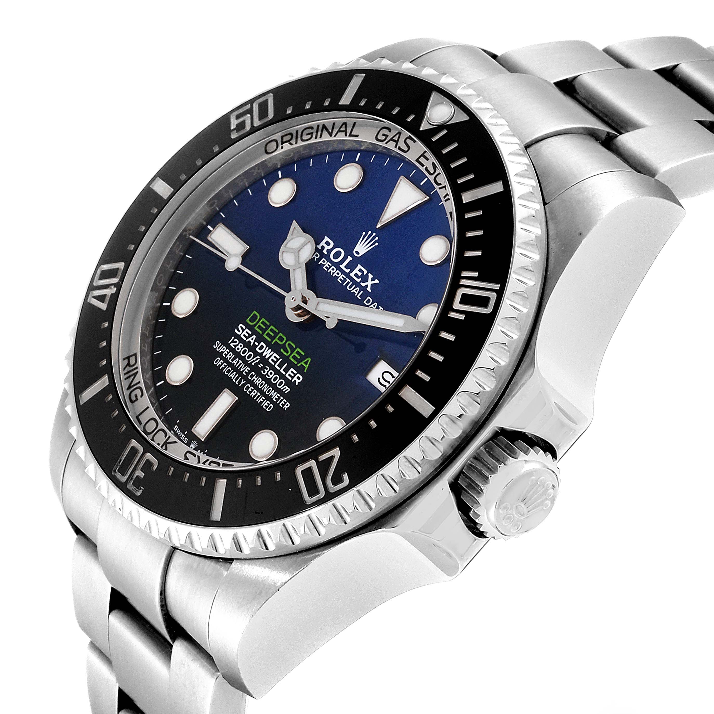 This image shows the Rolex Sea-Dweller 126660 Men
s Stainless Steel Blue Dial 126660 Men
s Stainless Steel Blue Dial watch at an angle revealing the watch face, bezel, crown, and part of the bracelet.