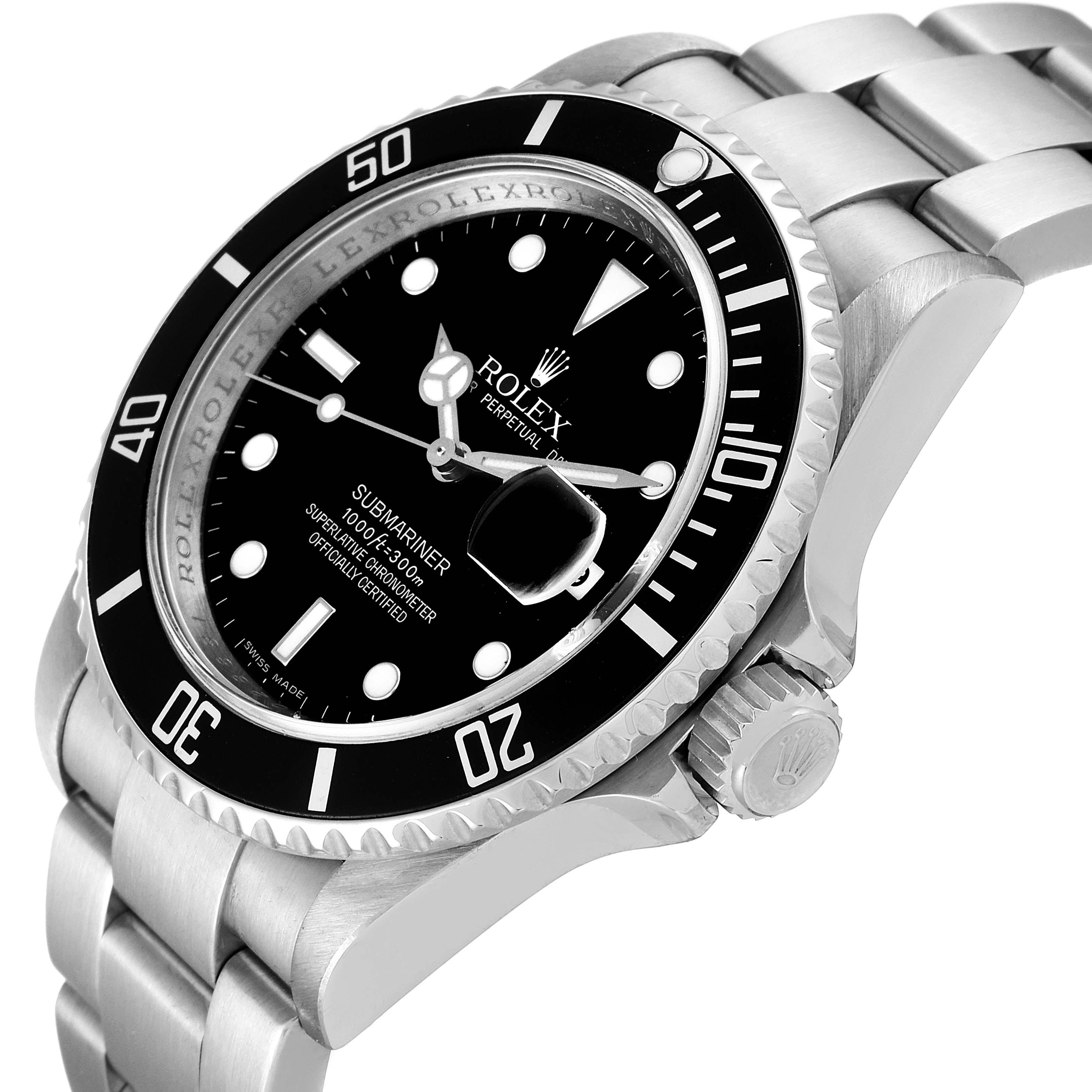 The Rolex Submariner 16610 Men
s Stainless Steel Black Dial 16610 Men
s Stainless Steel Black Dial watch is shown at a slight side angle, highlighting the dial, bezel, and bracelet.