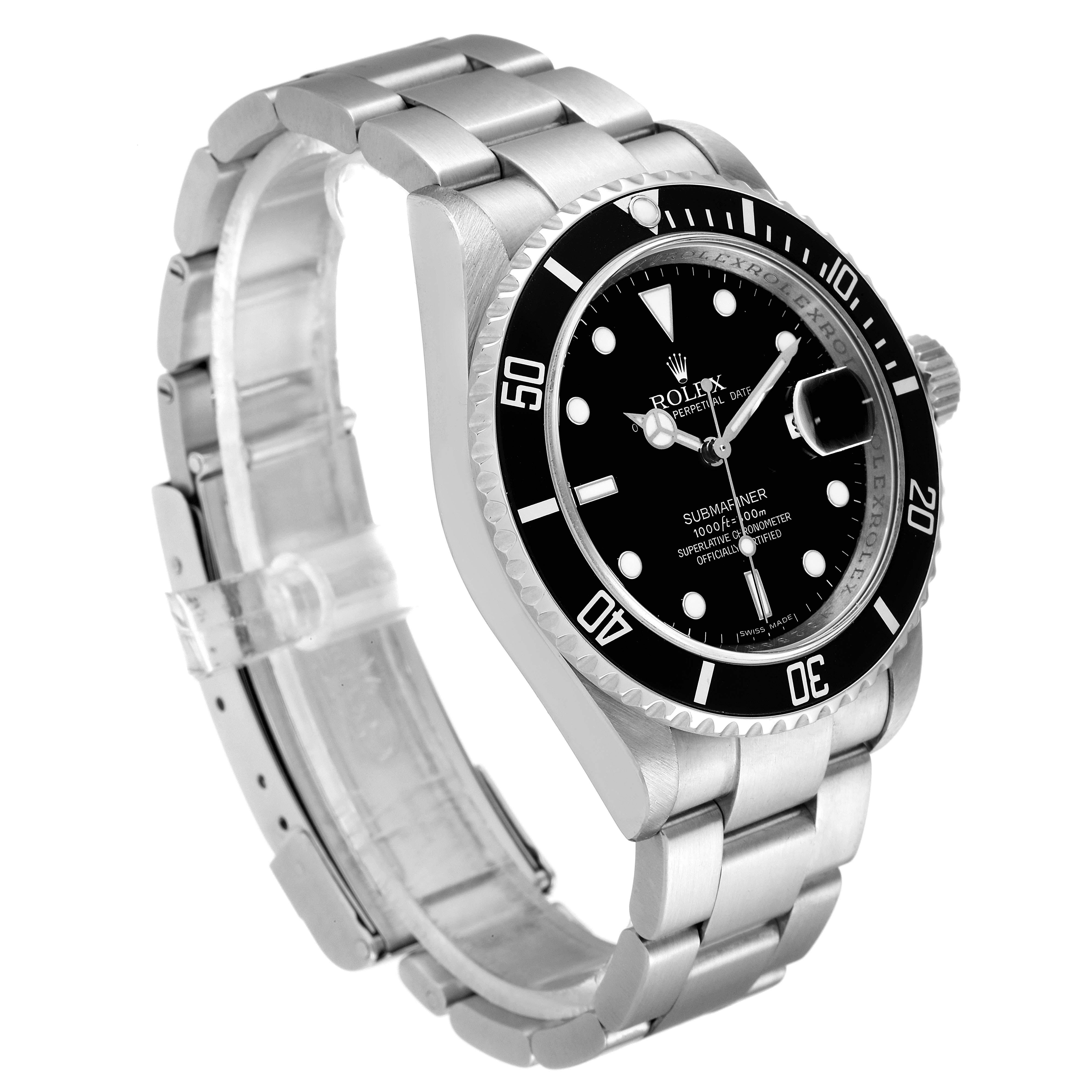 The Rolex Submariner 16610 Men
s Stainless Steel Black Dial 16610 Men
s Stainless Steel Black Dial watch is shown at a three-quarter angle, displaying its bracelet, bezel, crown, and face.