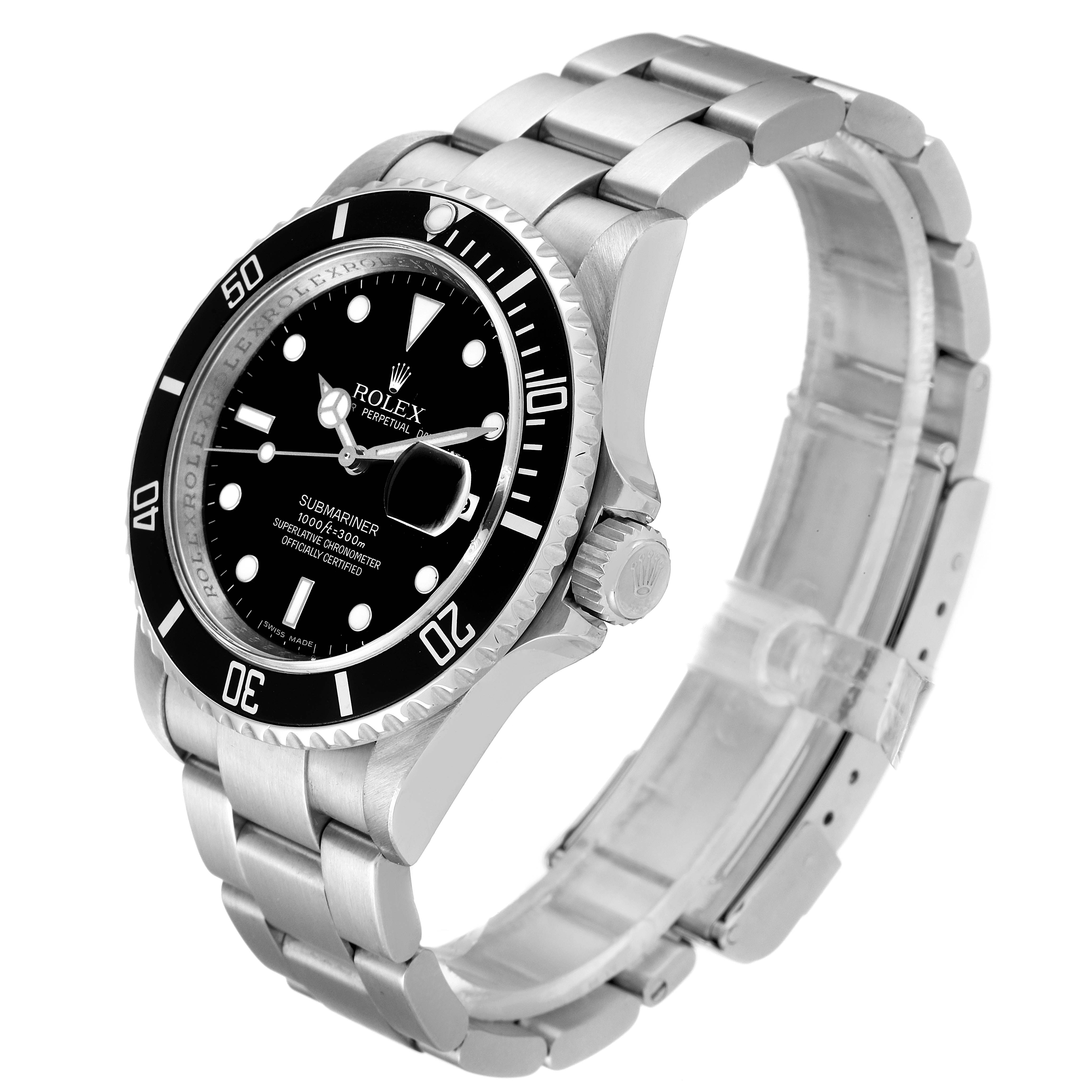 The image shows a side angle of the Rolex Submariner 16610 Men
s Stainless Steel Black Dial 16610 Men
s Stainless Steel Black Dial watch, highlighting the dial, bezel, crown, and bracelet.