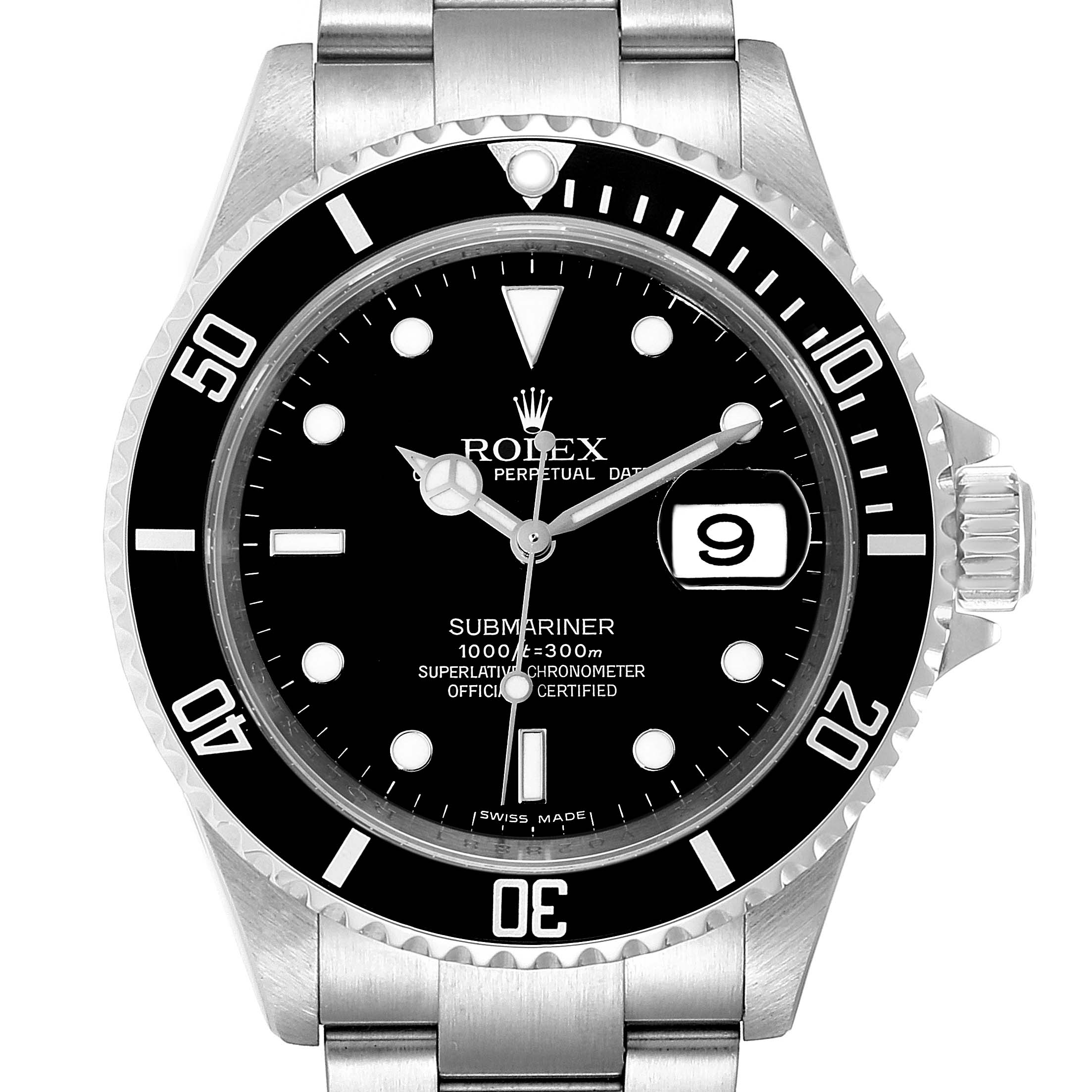 This image shows a frontal view of the Rolex Submariner 16610 Men
s Stainless Steel Black Dial 16610 Men
s Stainless Steel Black Dial, featuring its dial, bezel, crown, and bracelet.