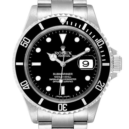 This image shows a front view of a Rolex Submariner watch, highlighting the dial, bezel, and bracelet.