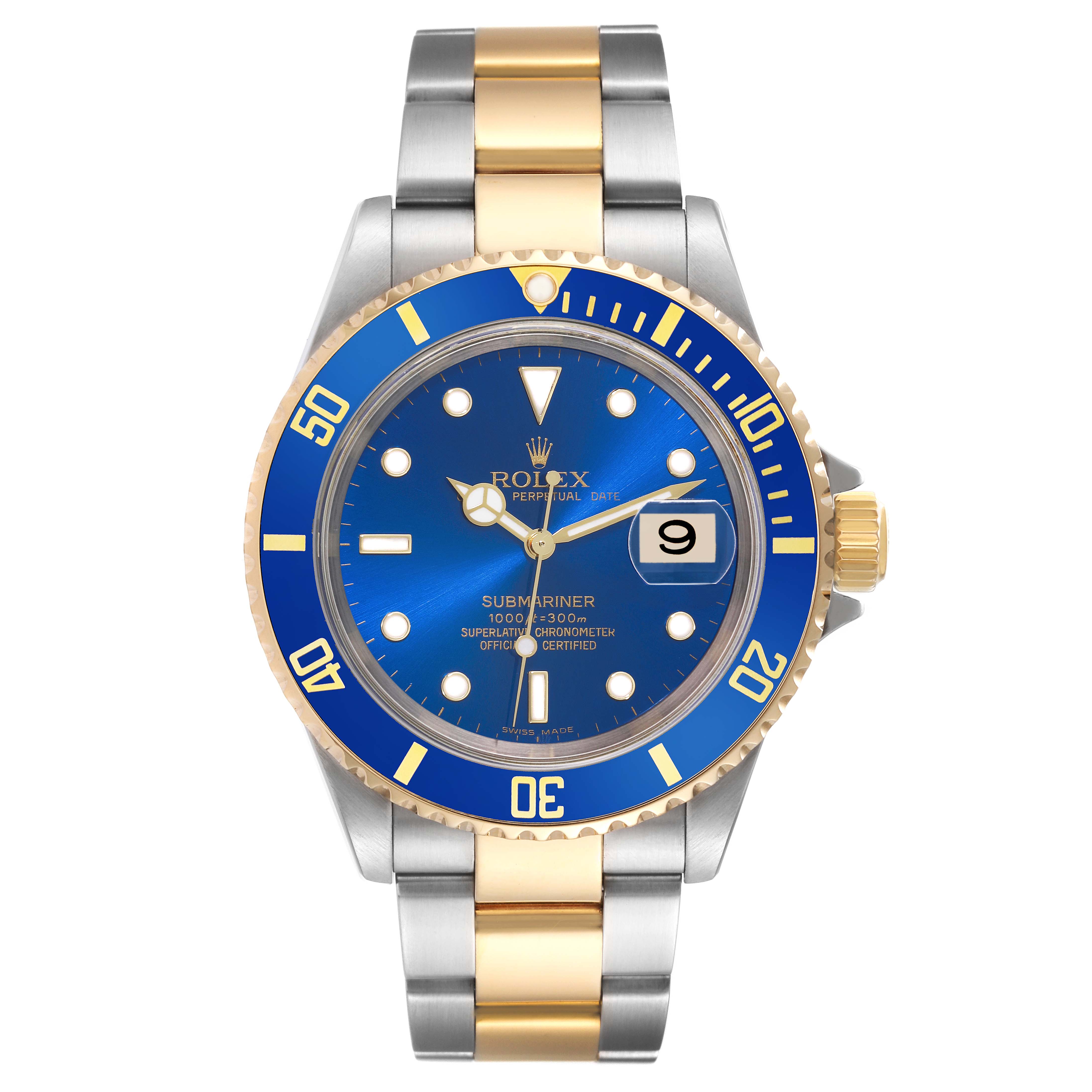This image shows a front view of a Rolex Submariner 16613 Men's Steel and Gold (two tone) Blue Dial 16613 Men's Steel and Gold (two tone) Blue Dial watch, showcasing its blue dial, bezel, and two-tone metal bracelet.