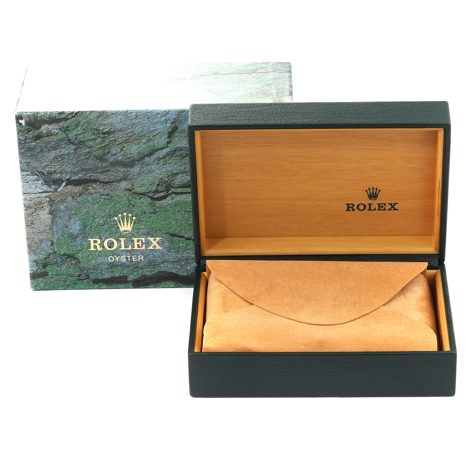 The image shows an open Rolex watch box for the Submariner model, including its inner lining and outer packaging.