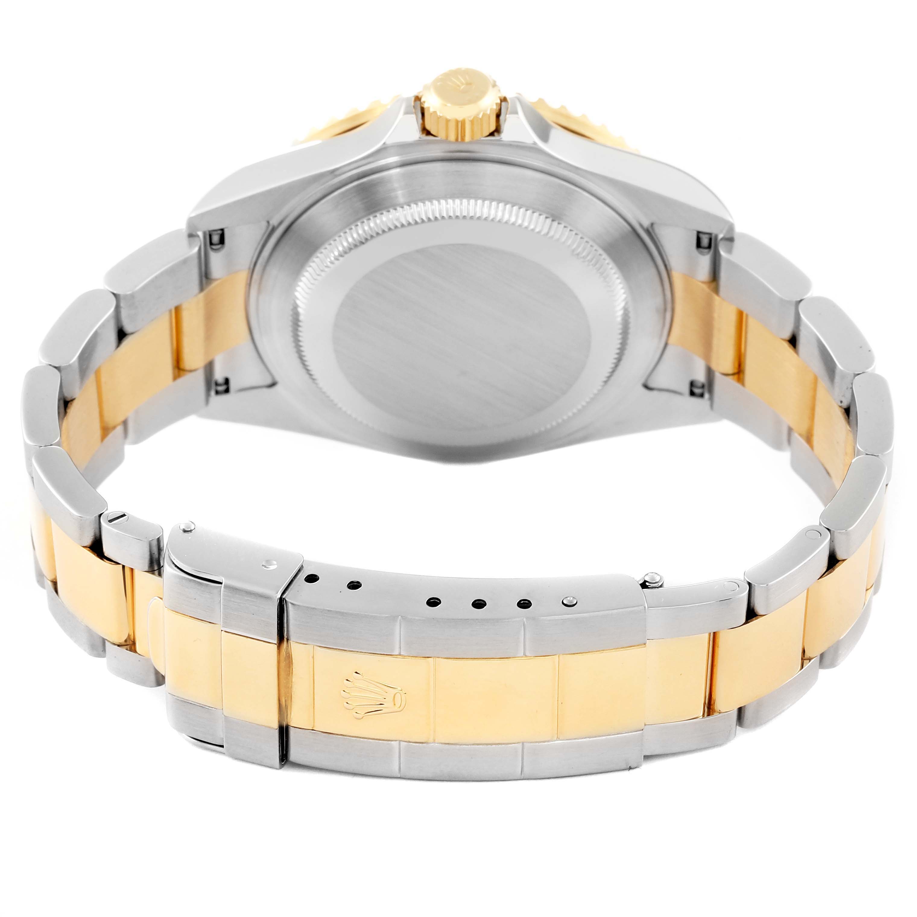 The image shows the back view of a Rolex Submariner 16613 Men's Steel and Gold (two tone) Blue Dial 16613 Men's Steel and Gold (two tone) Blue Dial, highlighting its two-tone bracelet and case back.