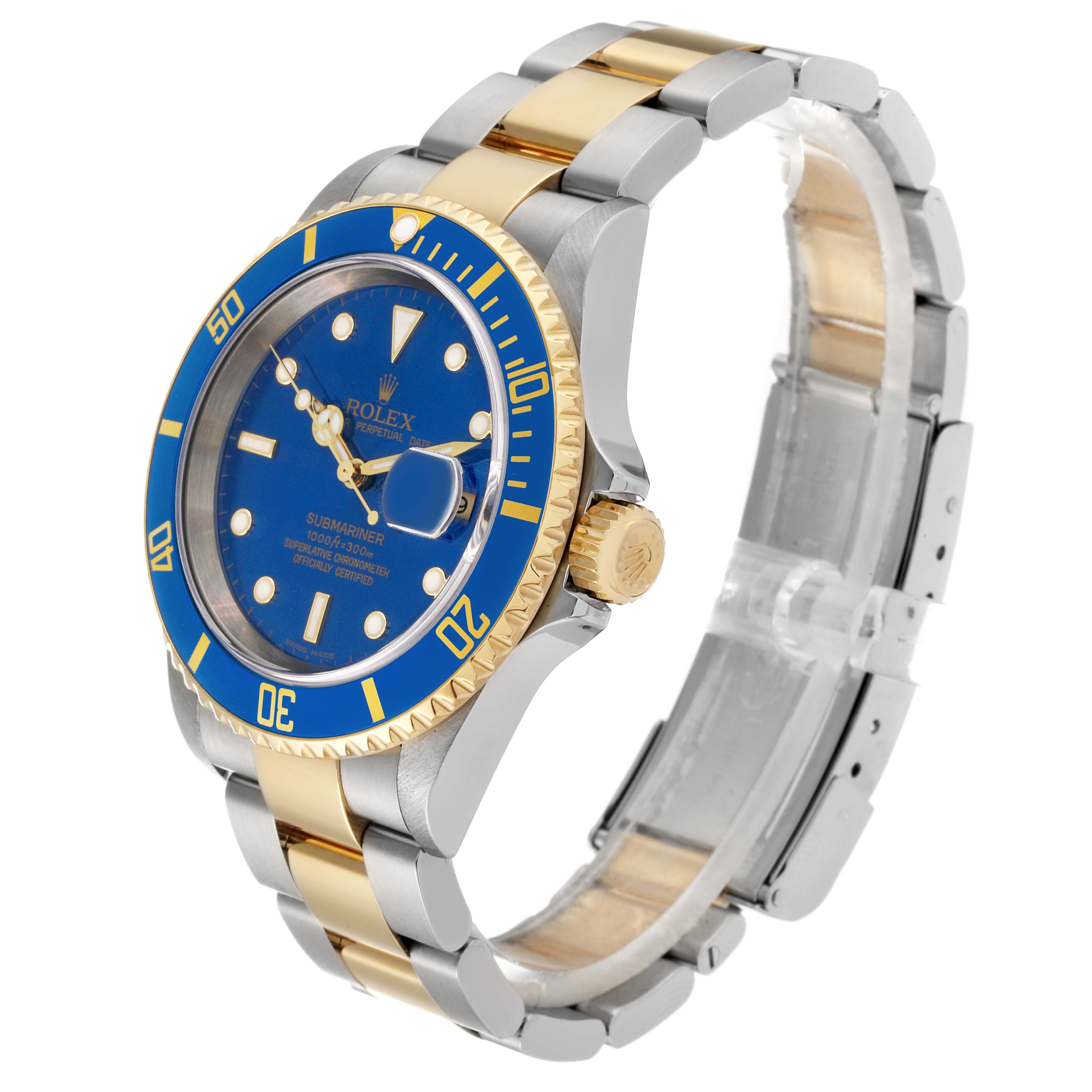 This Rolex Submariner 16613 Men's Steel and Gold (two tone) Blue Dial 16613 Men's Steel and Gold (two tone) Blue Dial watch is shown at an angled side view, highlighting its blue dial, gold bezel, and two-tone bracelet.