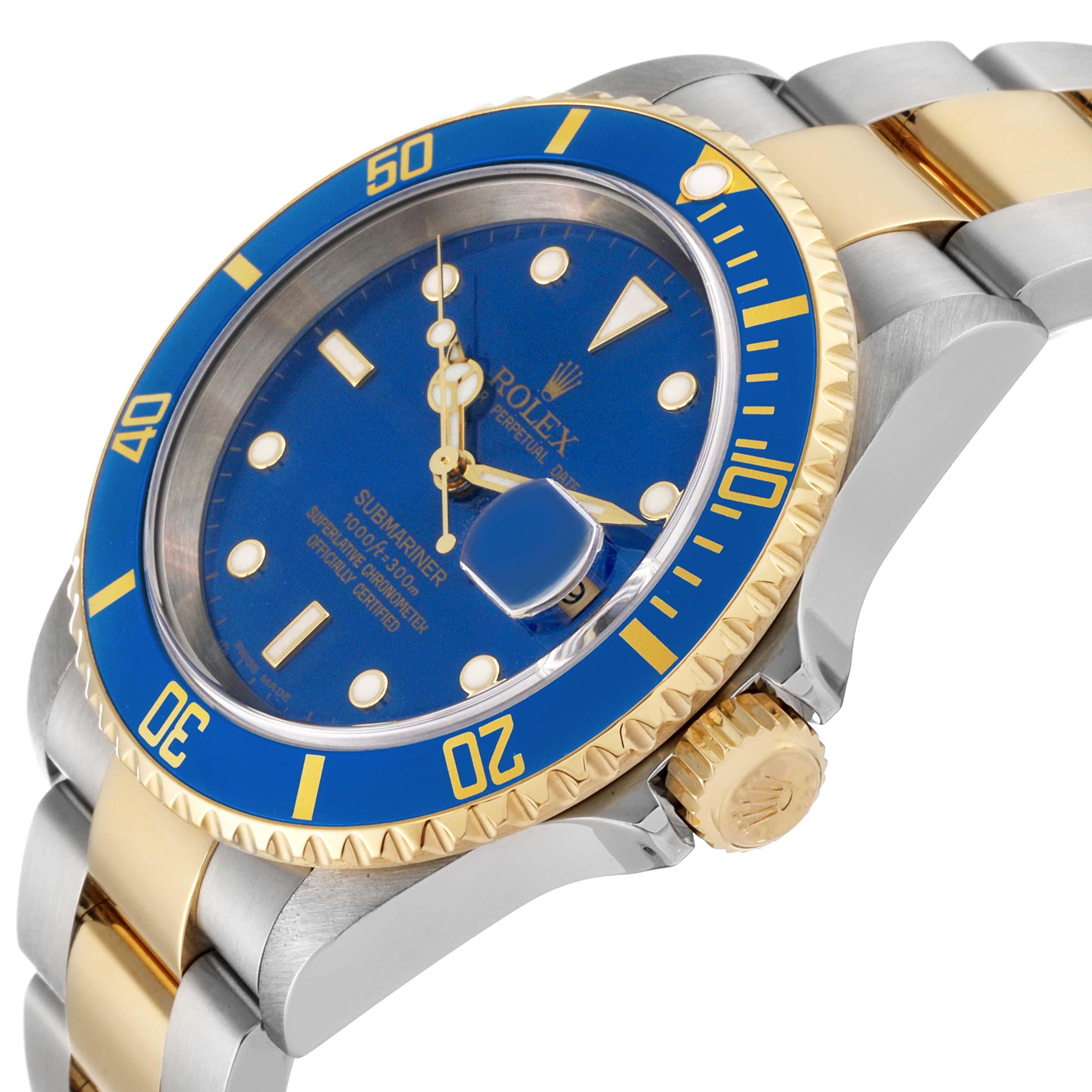 The Rolex Submariner 16613 Men's Steel and Gold (two tone) Blue Dial 16613 Men's Steel and Gold (two tone) Blue Dial watch is shown at an angled side view, highlighting the bezel, dial, and part of the bracelet.
