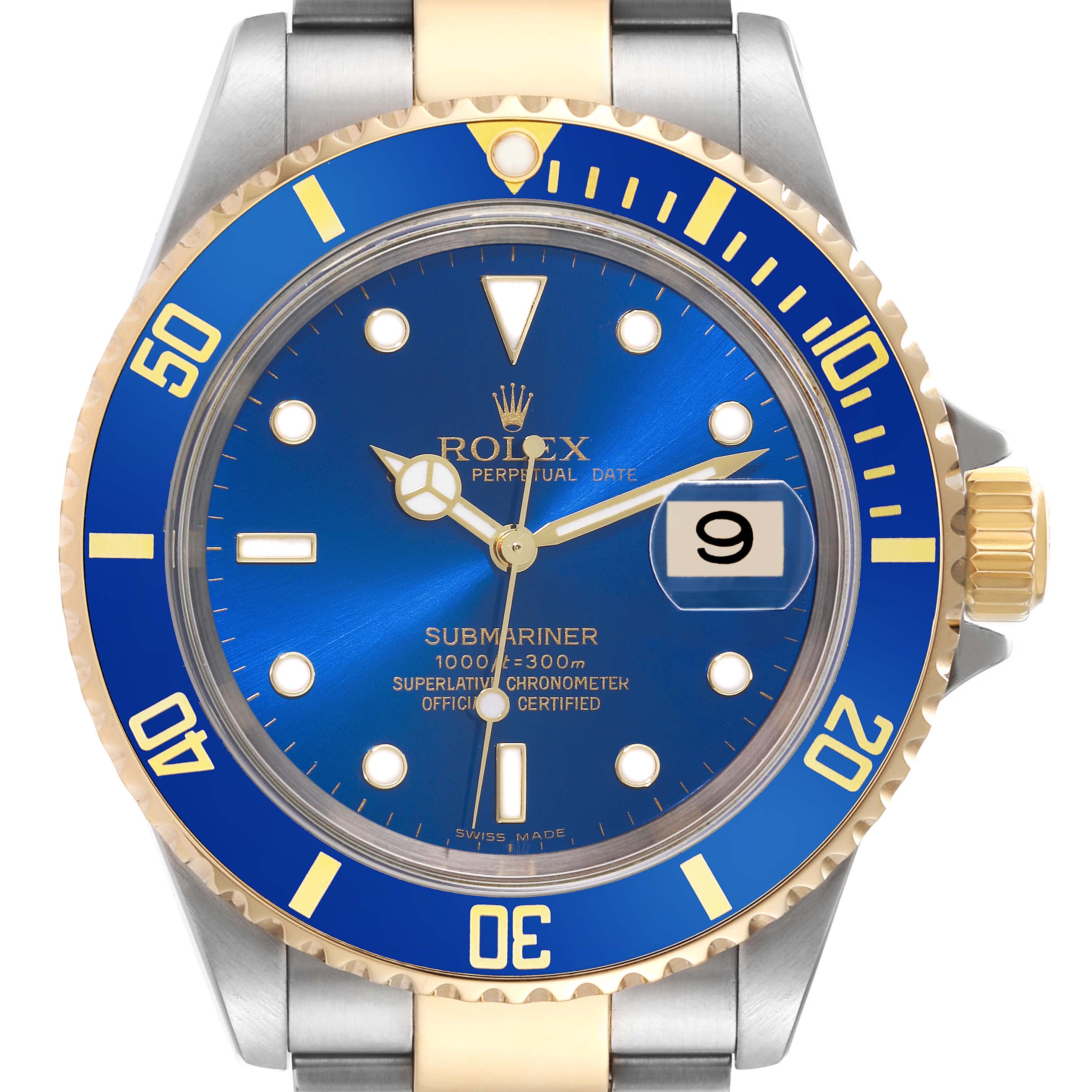 The image shows a close-up front view of a Rolex Submariner 16613 Men's Steel and Gold (two tone) Blue Dial 16613 Men's Steel and Gold (two tone) Blue Dial watch, focusing on the dial, bezel, and portions of the bracelet.