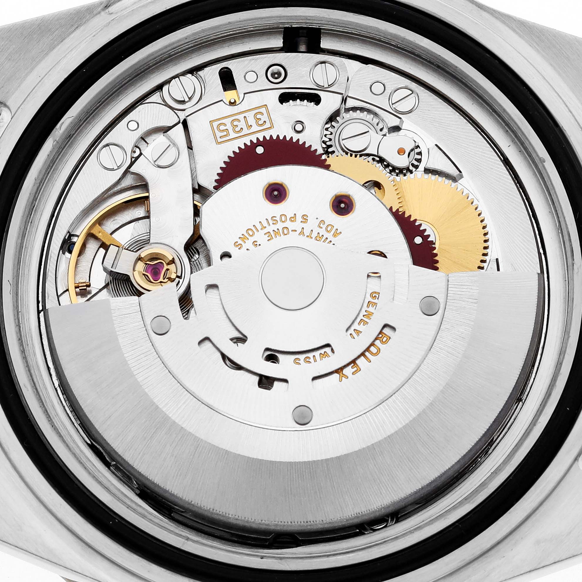 This image shows the inner mechanism of the Rolex Submariner 16613 Men's Steel and Gold (two tone) Blue Dial 16613 Men's Steel and Gold (two tone) Blue Dial watch viewed from the back.