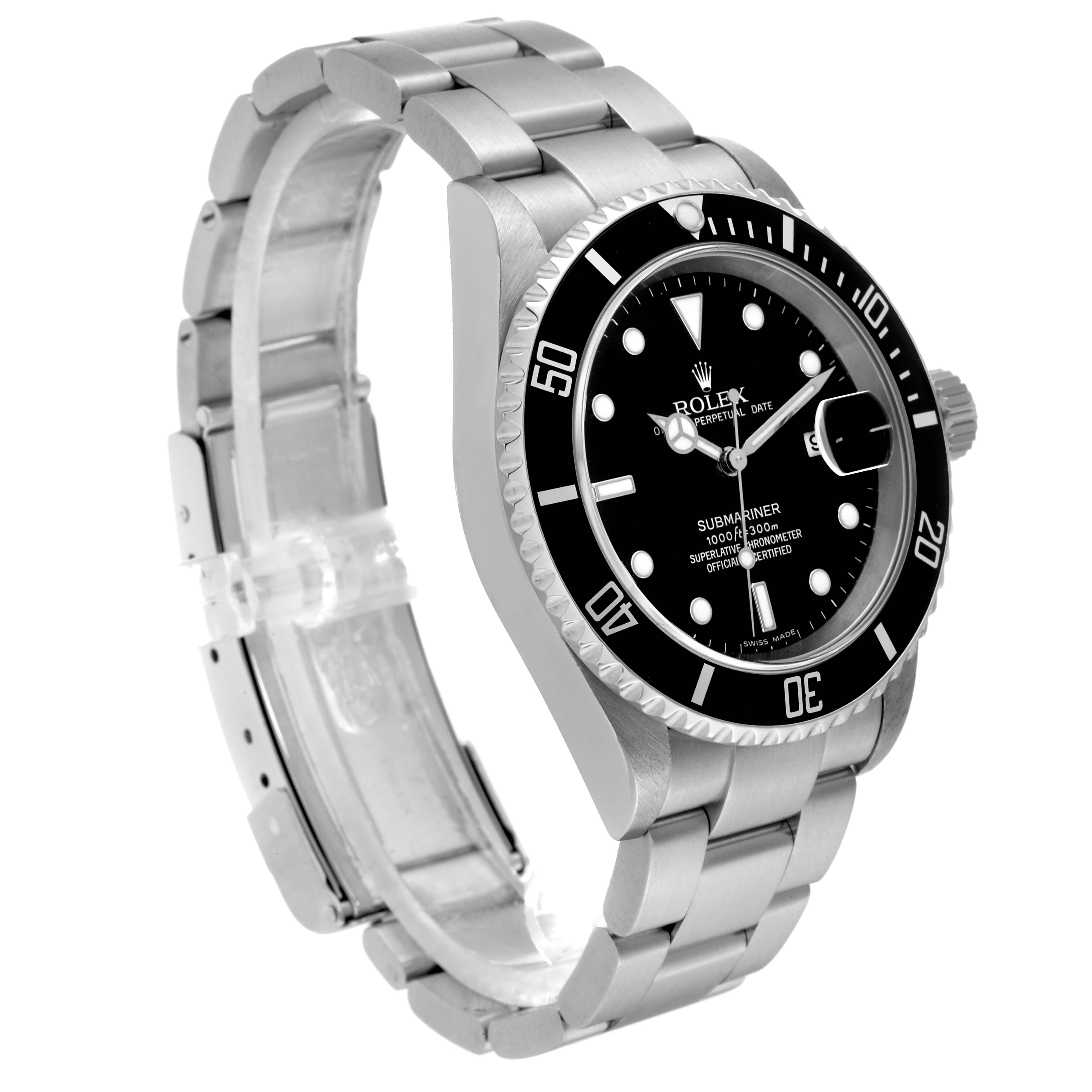 The Rolex Submariner 16610 Men's Stainless Steel Black Dial 16610 Men's Stainless Steel Black Dial watch is shown at an angled side view, displaying the bracelet, bezel, dial, and crown.