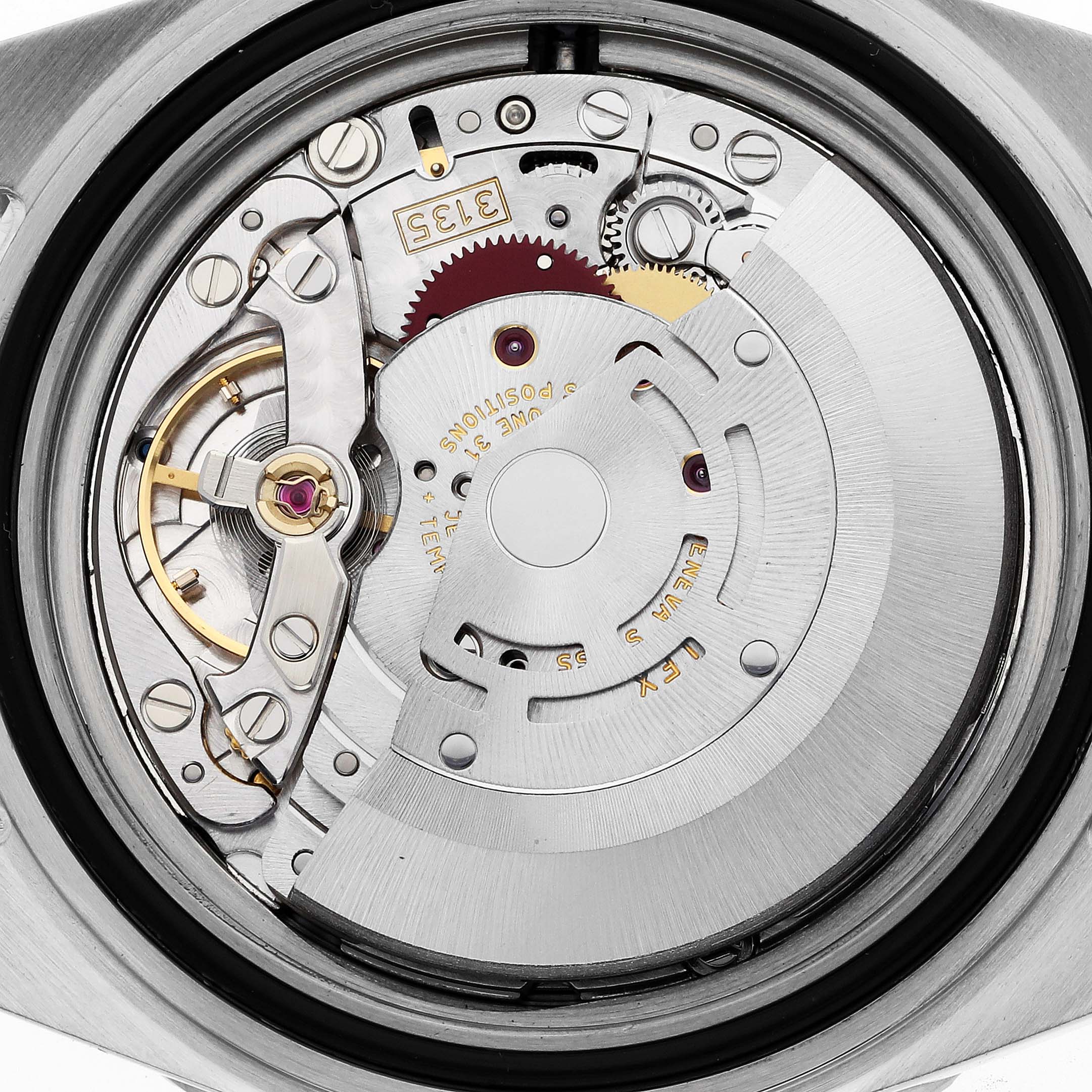 This image shows a close-up view of the movement mechanism inside the Rolex Submariner 16610 Men's Stainless Steel Black Dial 16610 Men's Stainless Steel Black Dial watch.