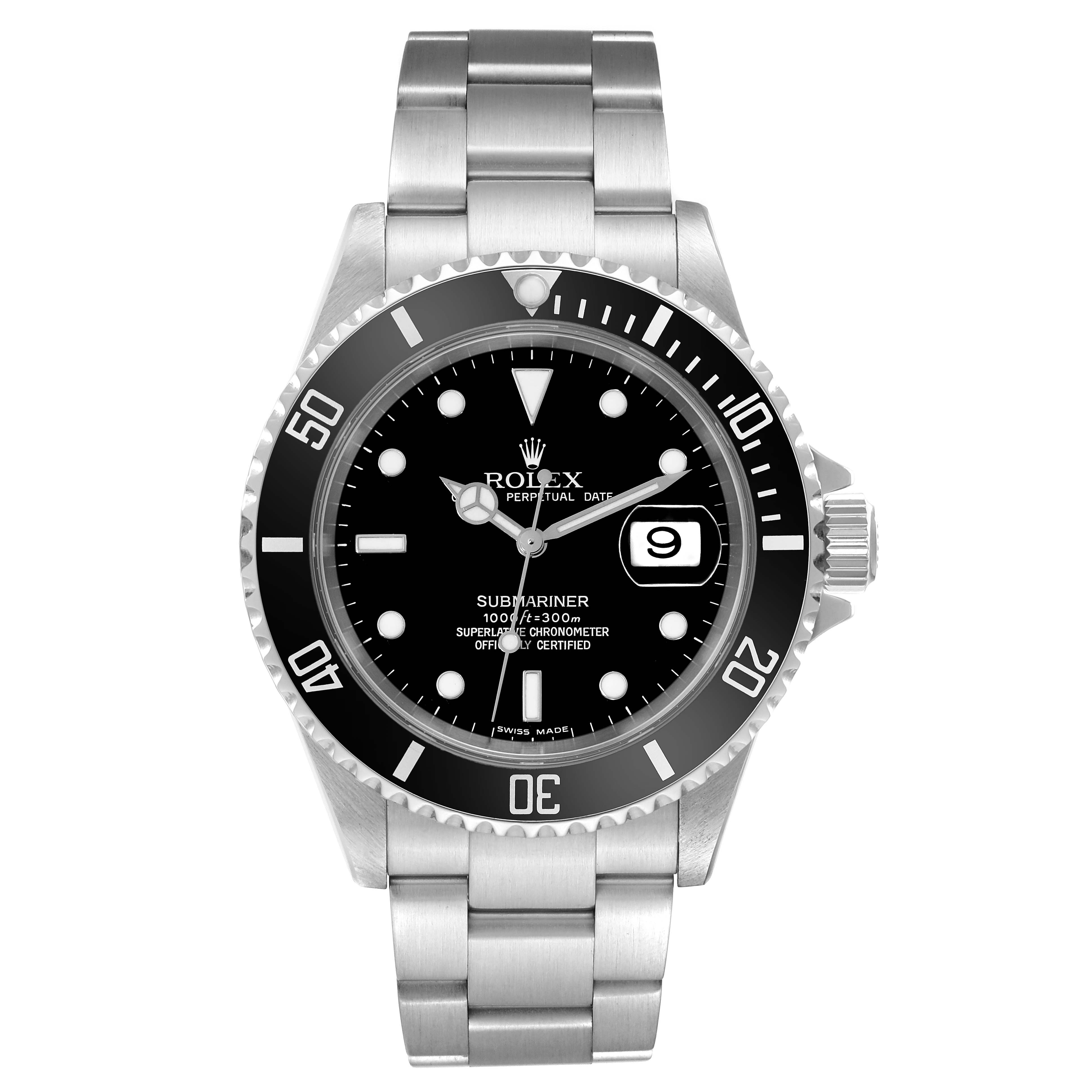 This image shows a front view of a Rolex Submariner 16610 Men's Stainless Steel Black Dial 16610 Men's Stainless Steel Black Dial watch, displaying its face, bezel, bracelet, and crown.
