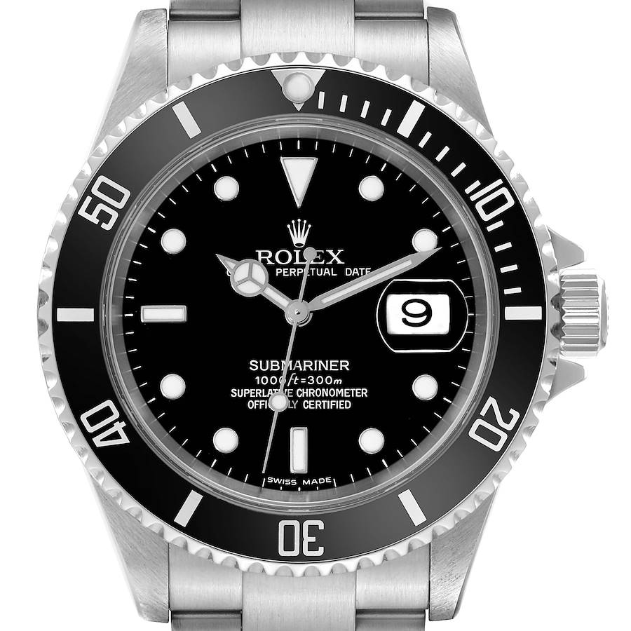 The image shows a front view of a Rolex Submariner watch, highlighting the dial, bezel, crown, and bracelet.