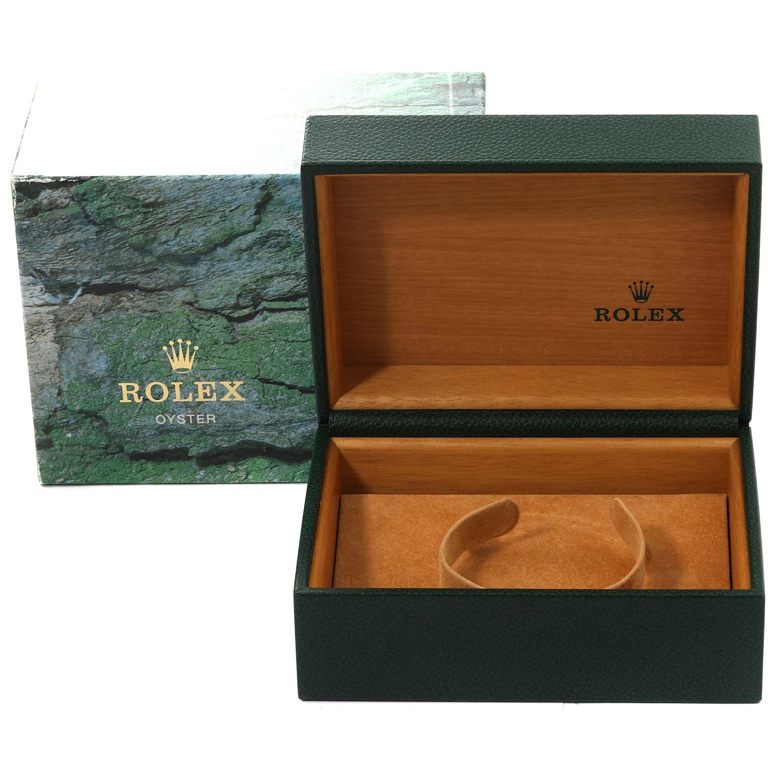 This image shows the open wooden display box and exterior packaging for the Rolex Submariner 16610 Men's Stainless Steel Black Dial 16610 Men's Stainless Steel Black Dial watch.