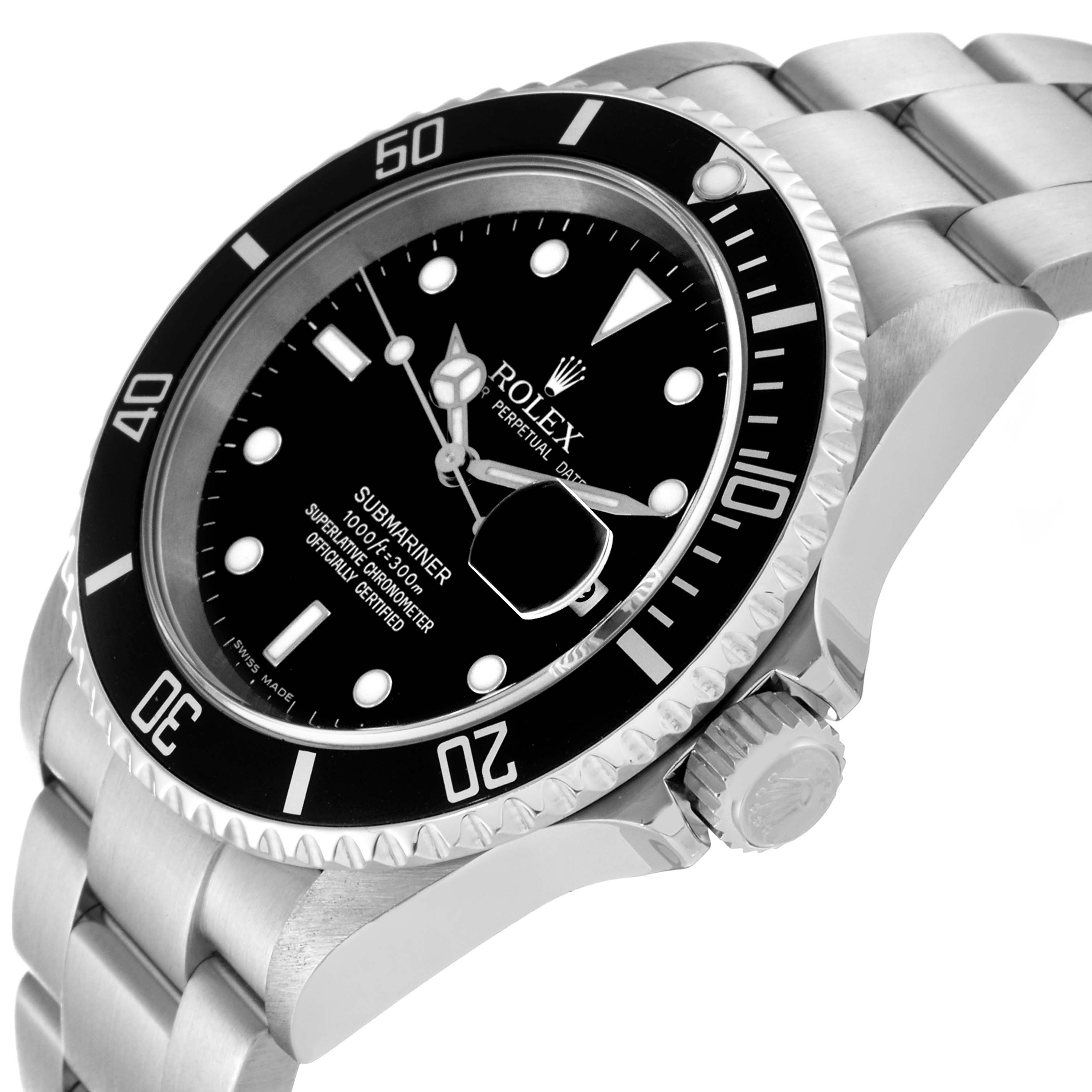 The image shows a close-up angled view of a Rolex Submariner 16610 Men's Stainless Steel Black Dial 16610 Men's Stainless Steel Black Dial watch, highlighting its bezel, crown, and black dial.