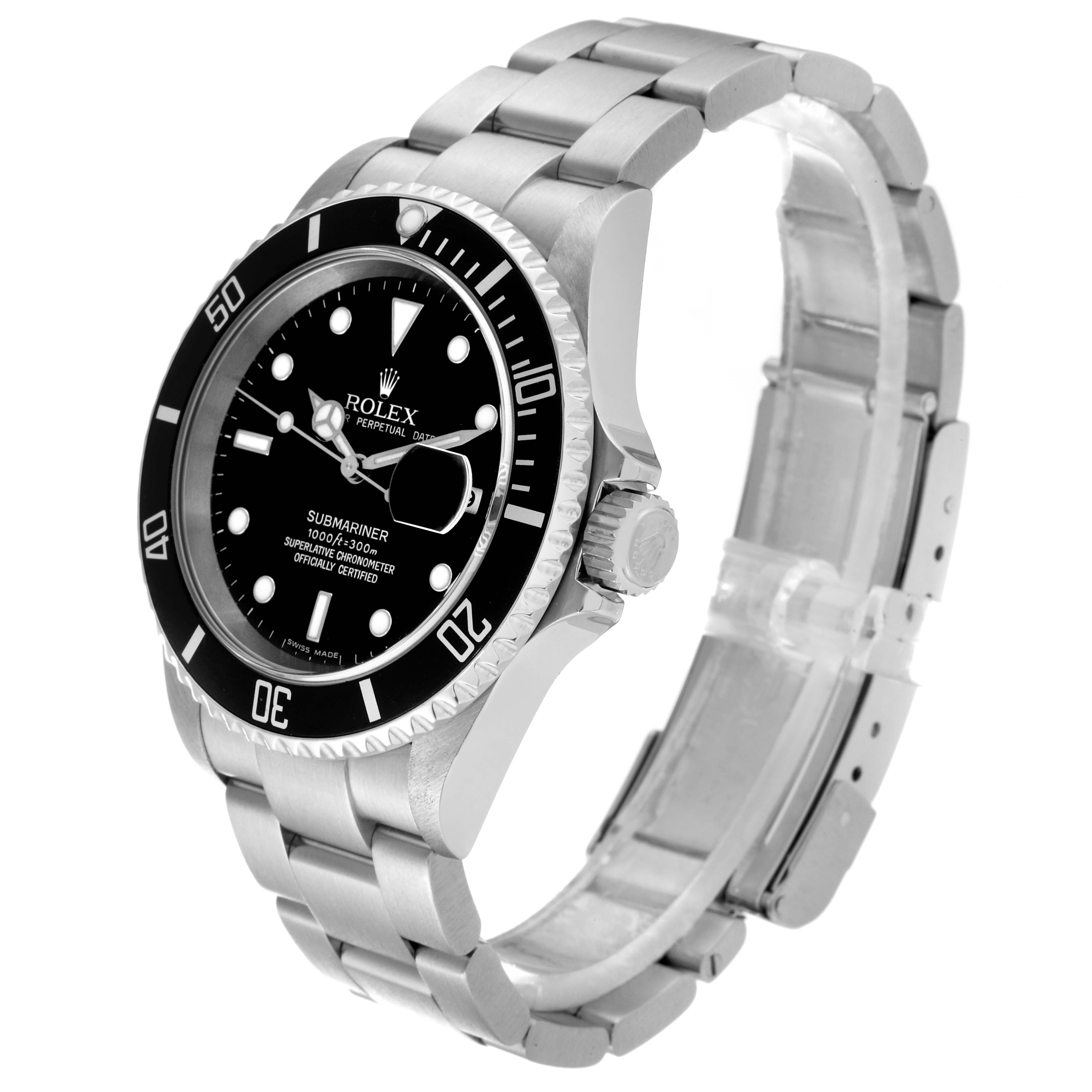 This image shows a side angle of the Rolex Submariner 16610 Men's Stainless Steel Black Dial 16610 Men's Stainless Steel Black Dial, highlighting the watch face, bezel, crown, and bracelet.