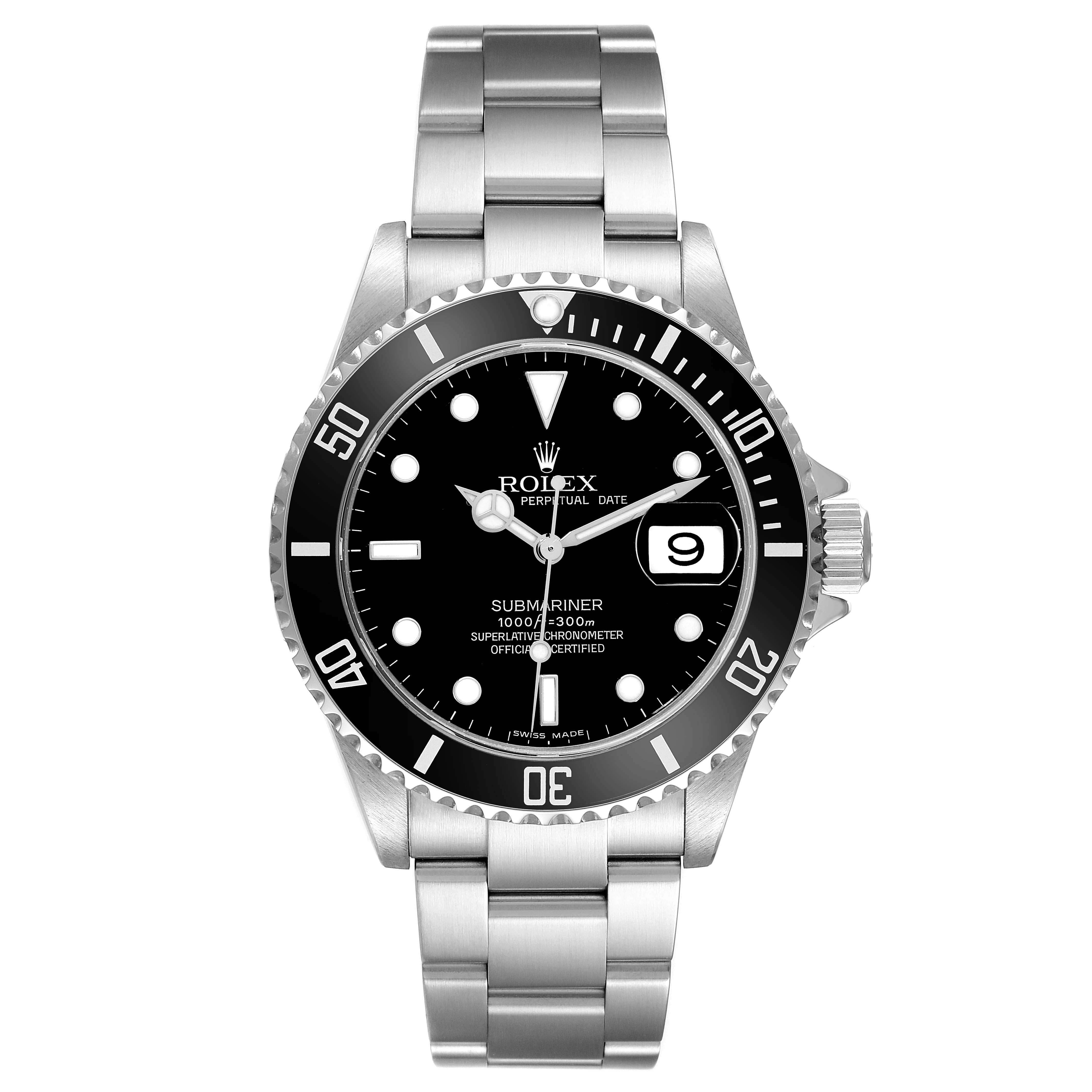 The Rolex Submariner 16610 T Men
s Stainless Steel Black Dial 16610 T Men
s Stainless Steel Black Dial watch is shown from a front angle, displaying the face, bezel, crown, and bracelet.