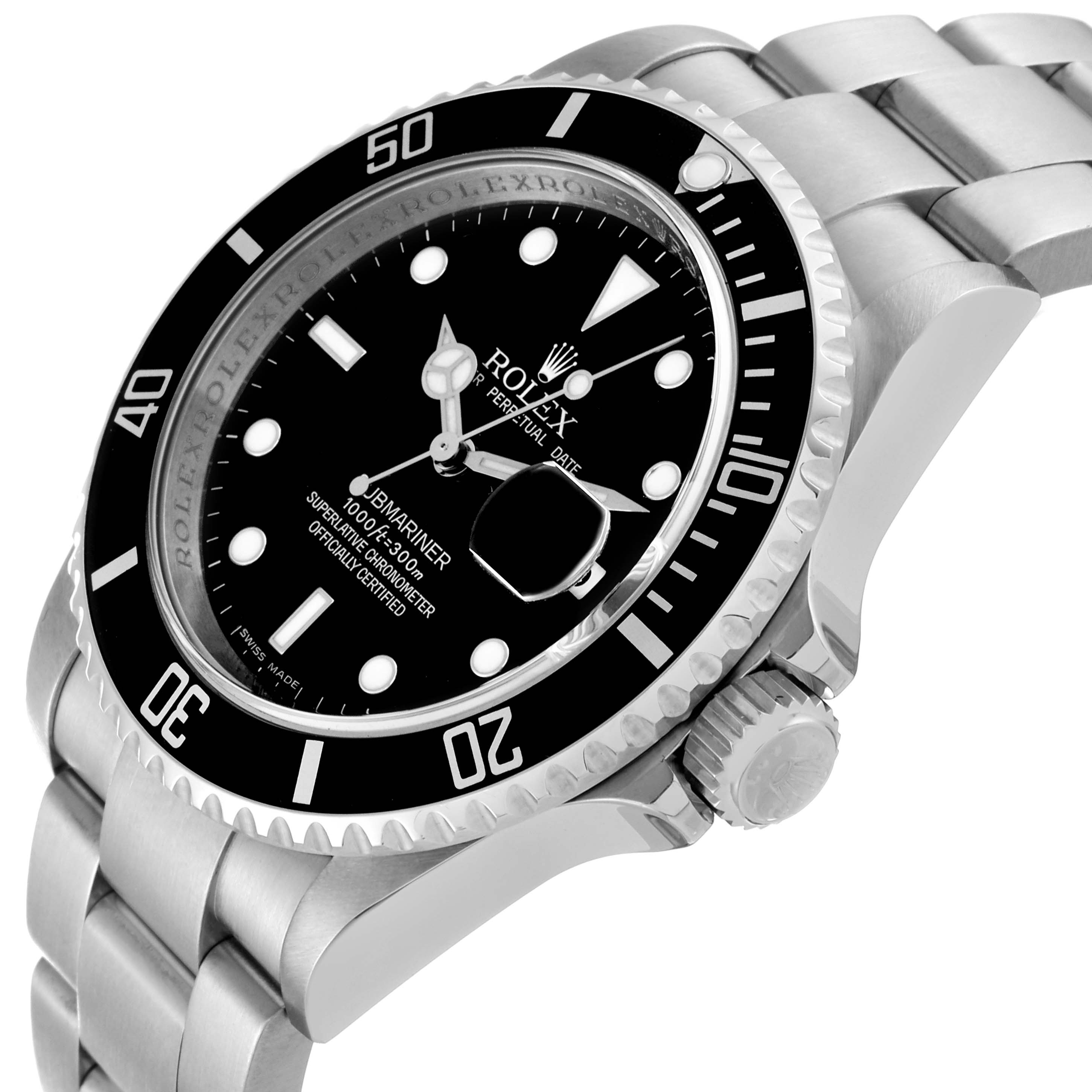 This image displays a Rolex Submariner 16610 T Men
s Stainless Steel Black Dial 16610 T Men
s Stainless Steel Black Dial watch from an angled side view, showing the face, bezel, crown, and bracelet.
