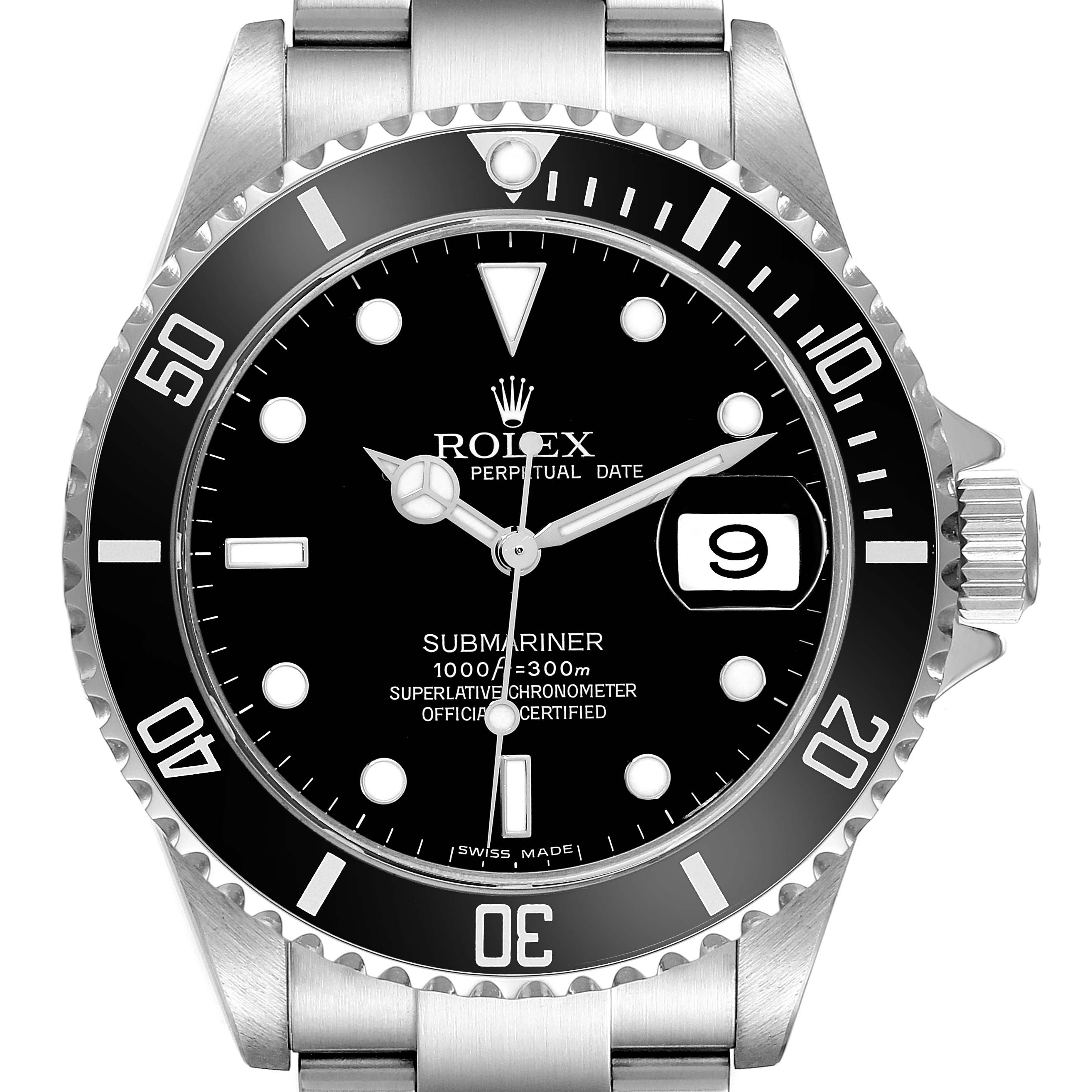 The image shows a front view of the Rolex Submariner 16610 T Men
s Stainless Steel Black Dial 16610 T Men
s Stainless Steel Black Dial watch, displaying its black dial, bezel, and date window at 3 o
clock.