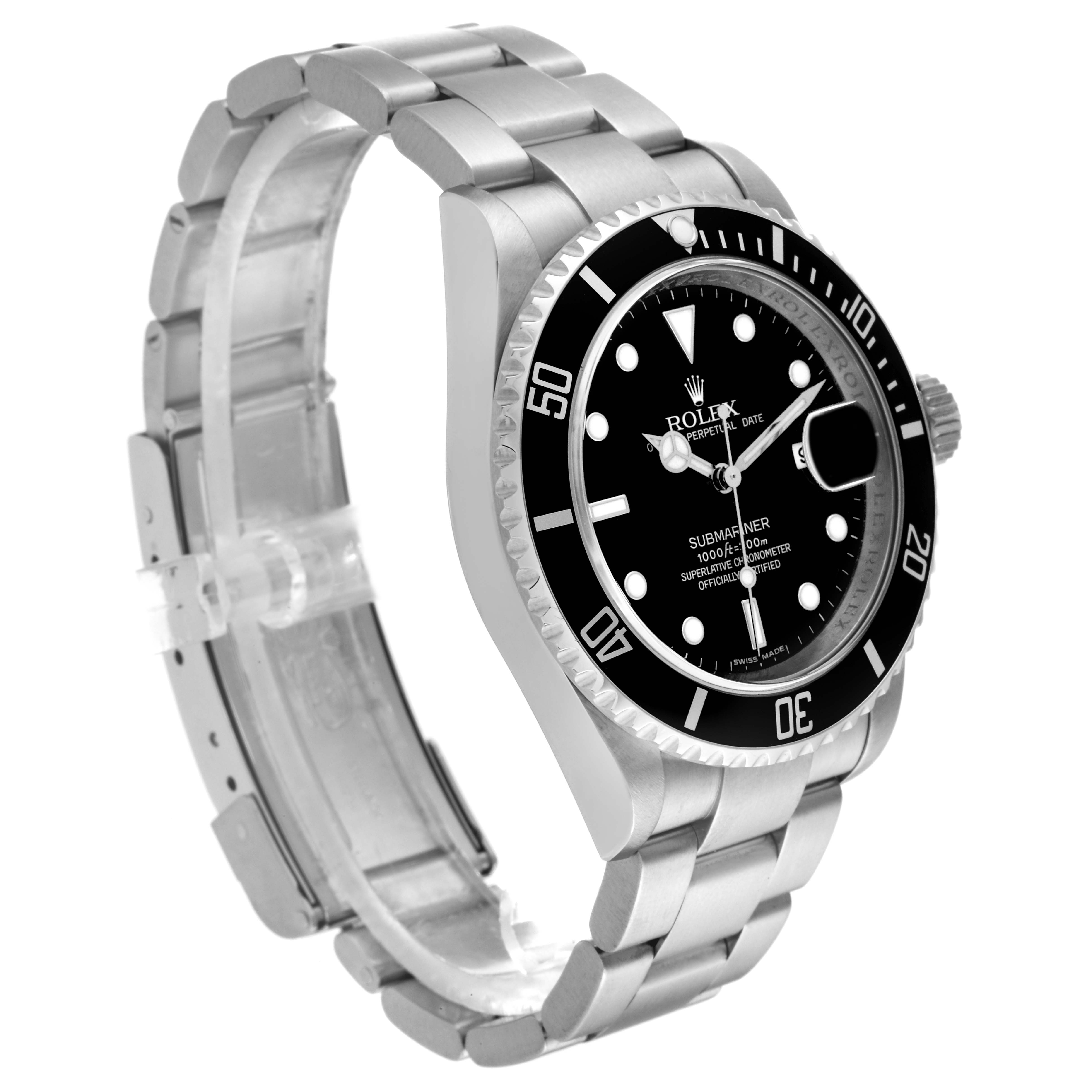 The Rolex Submariner 16610 T Men
s Stainless Steel Black Dial 16610 T Men
s Stainless Steel Black Dial watch is shown at a slight angle, displaying the face, bezel, and bracelet.