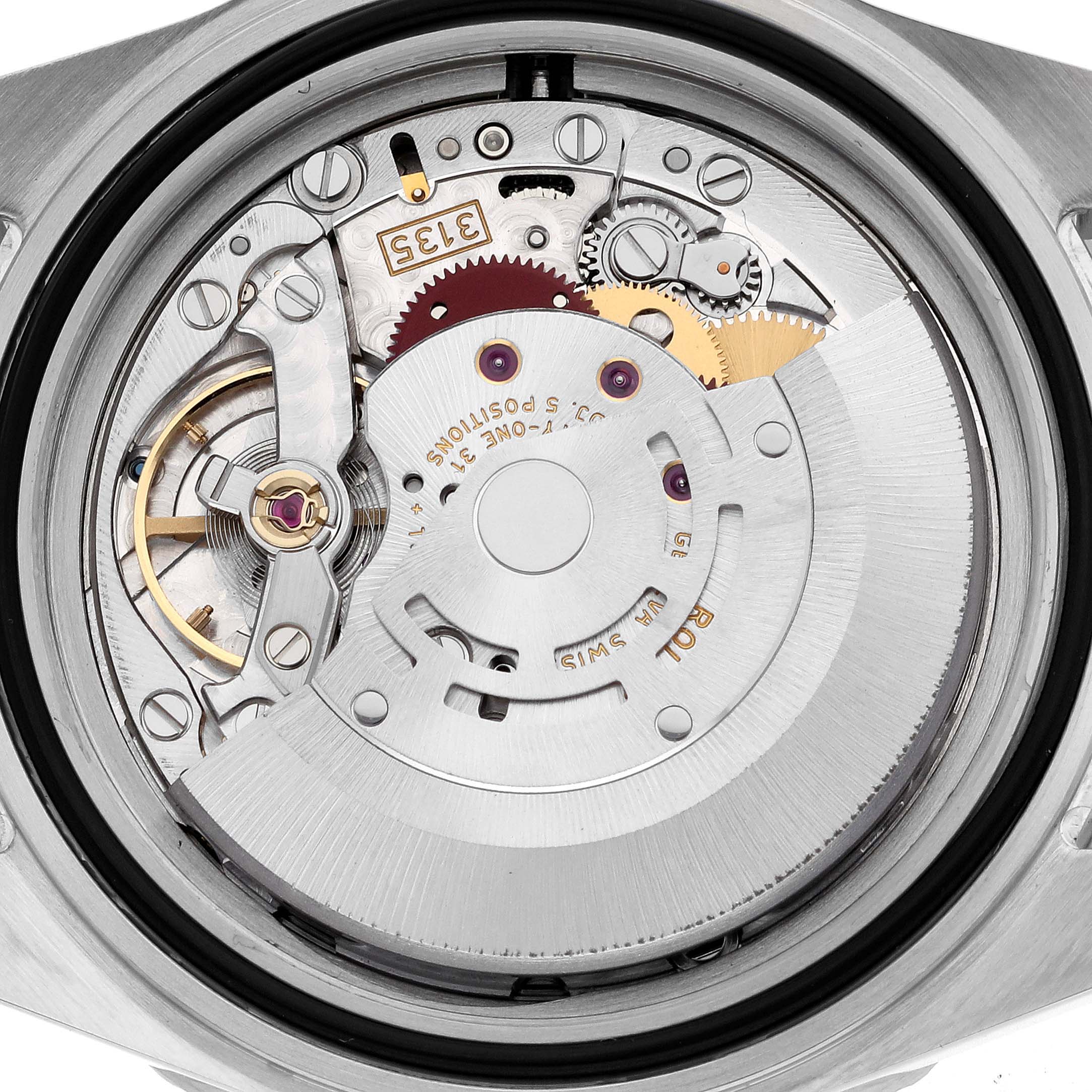 This image shows a close-up of the movement and mechanical components of a Rolex Submariner 16610 T Men
s Stainless Steel Black Dial 16610 T Men
s Stainless Steel Black Dial watch.
