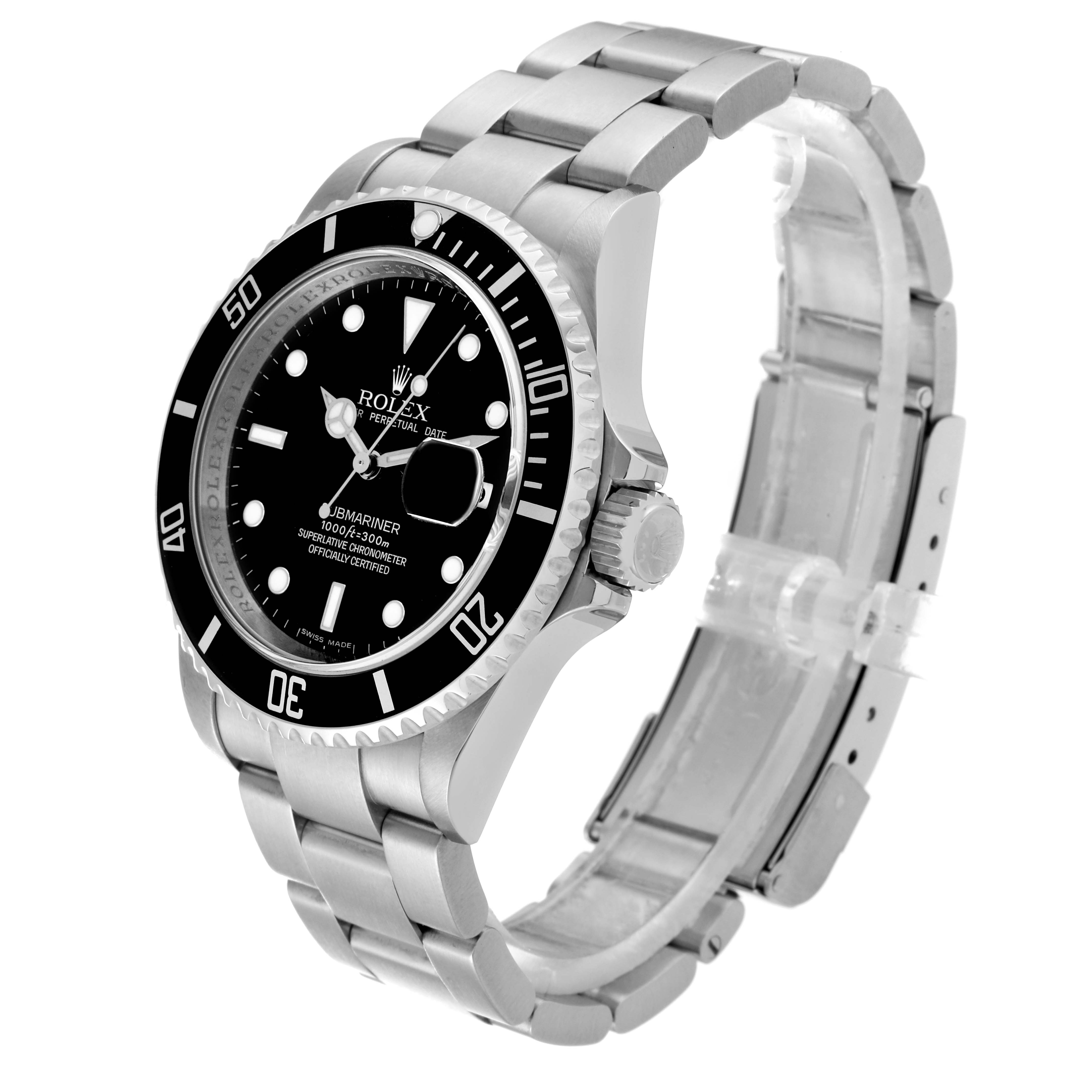 The image shows a Rolex Submariner 16610 T Men
s Stainless Steel Black Dial 16610 T Men
s Stainless Steel Black Dial watch from an angled perspective, displaying the dial, bezel, and stainless steel bracelet.