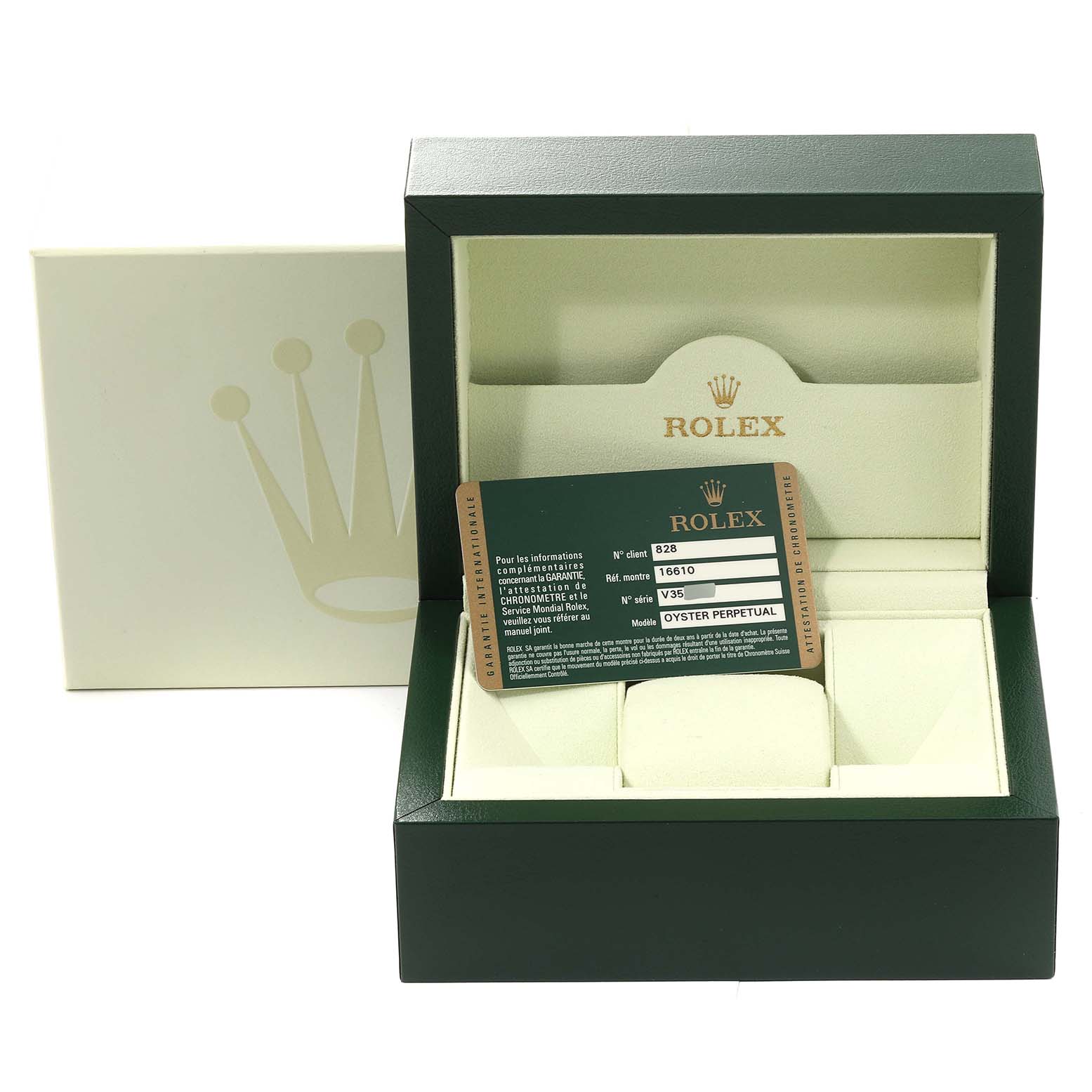 The image shows an open Rolex Submariner 16610 T Men
s Stainless Steel Black Dial 16610 T Men
s Stainless Steel Black Dial watch box with a warranty card inside.